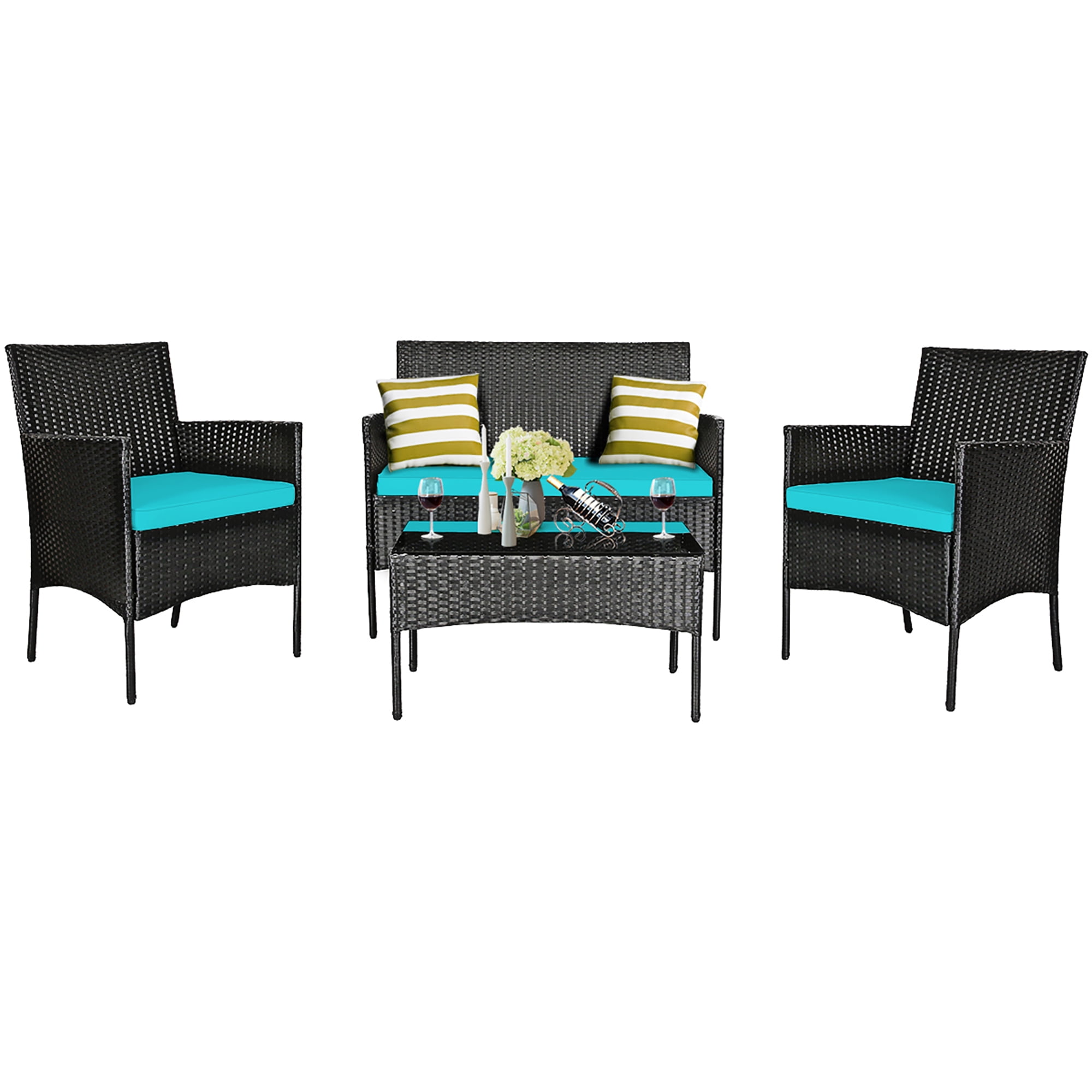 Costway 4PCS Patio Rattan Furniture Set Cushioned Sofa Coffee Table Backyard Turquoise - Image 11