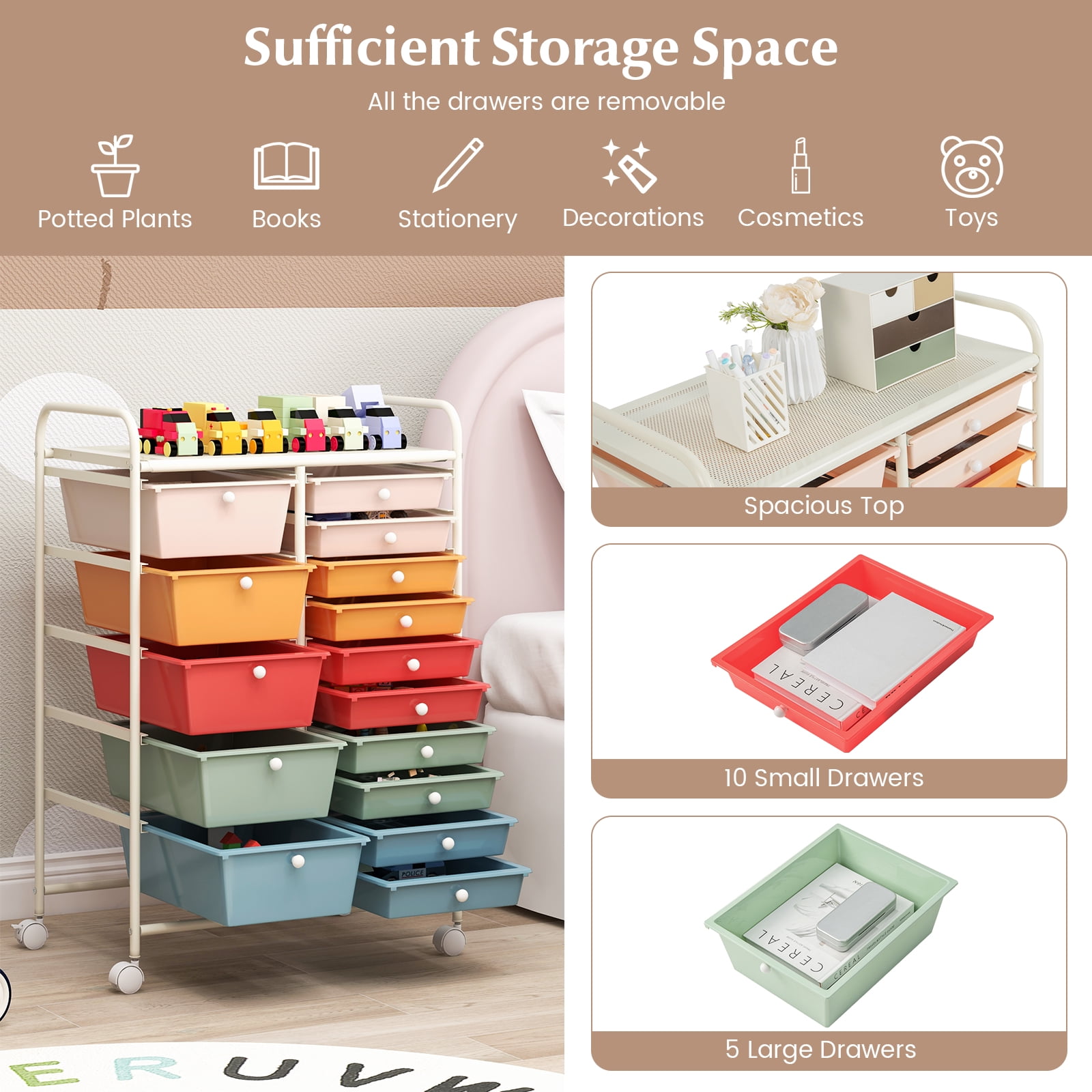 Costway 15 Drawer Art & Craft Rolling Storage Cart Tools Scrapbook Paper Office School Organizer Macaron - Image 6