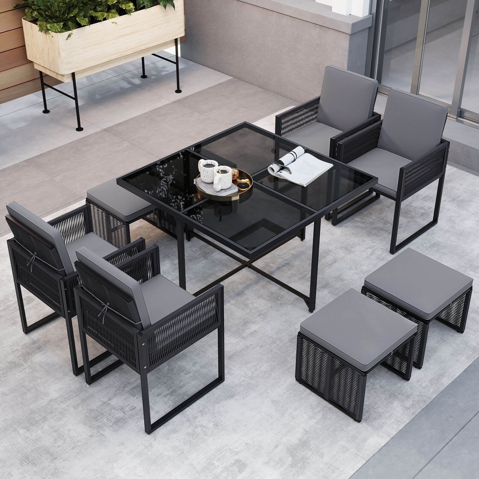 Costway 9 PCS Patio Dining Set with PE Rattan Chairs Tempered Glass Table and Ottomans - Image 9