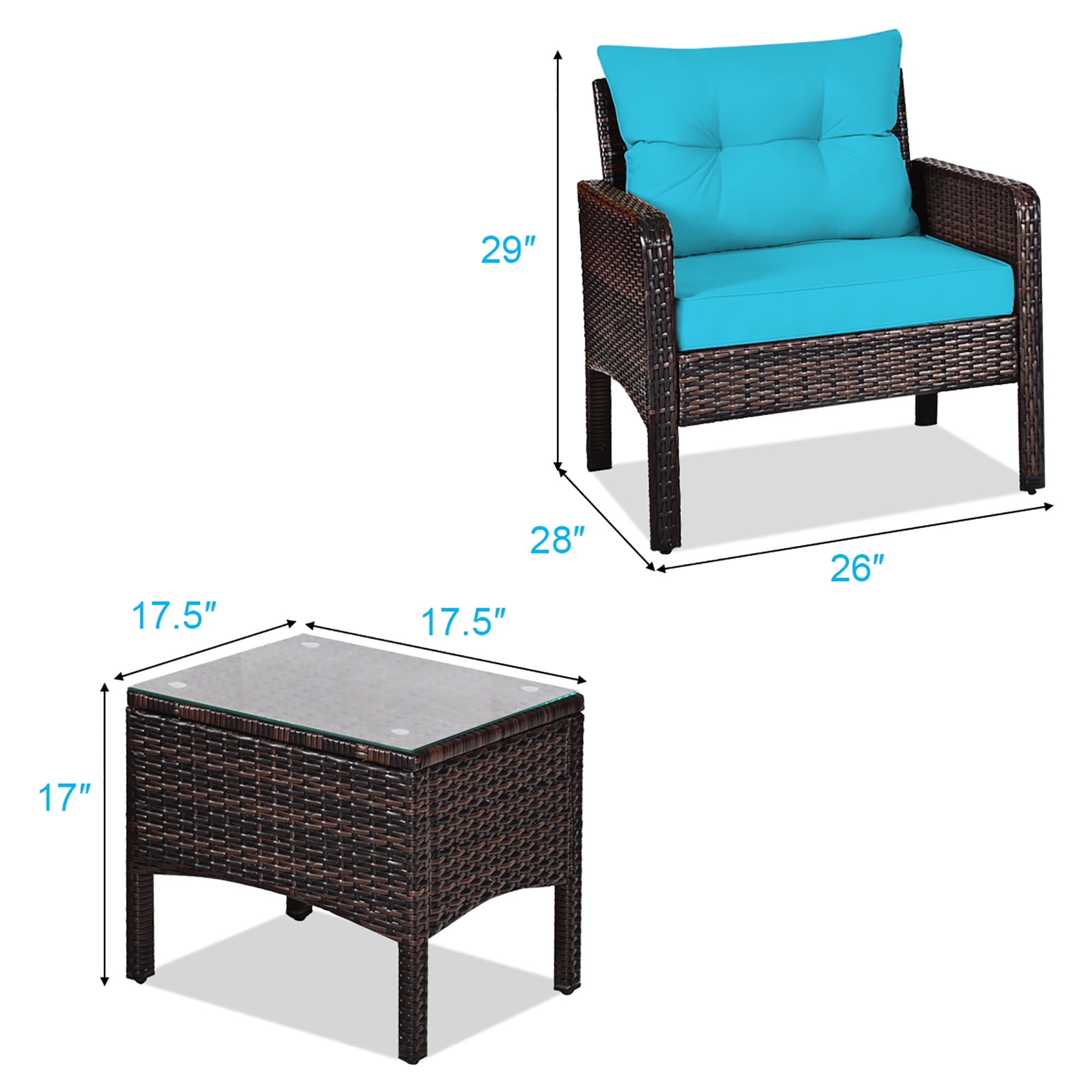 Costway 3PCS Outdoor Rattan Conversation Set Patio Garden Cushioned Sofa Chair Turquoise - Image 8