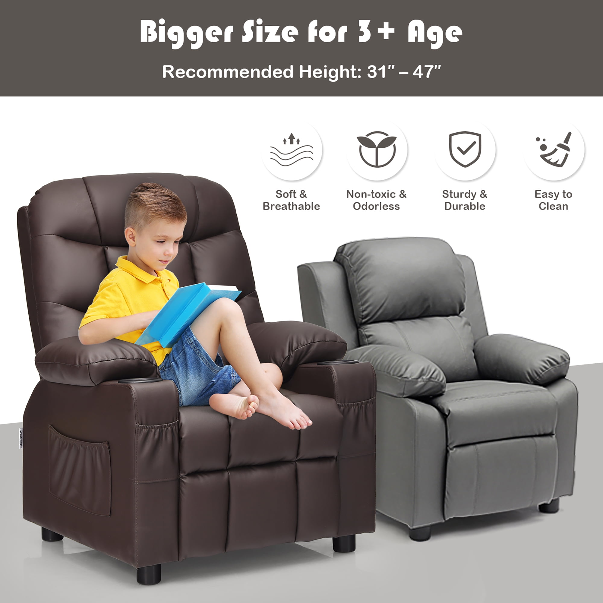 Costway Kids Youth Recliner Chair PU Leather w/Cup Holders & Side Pockets Brown - Image 6