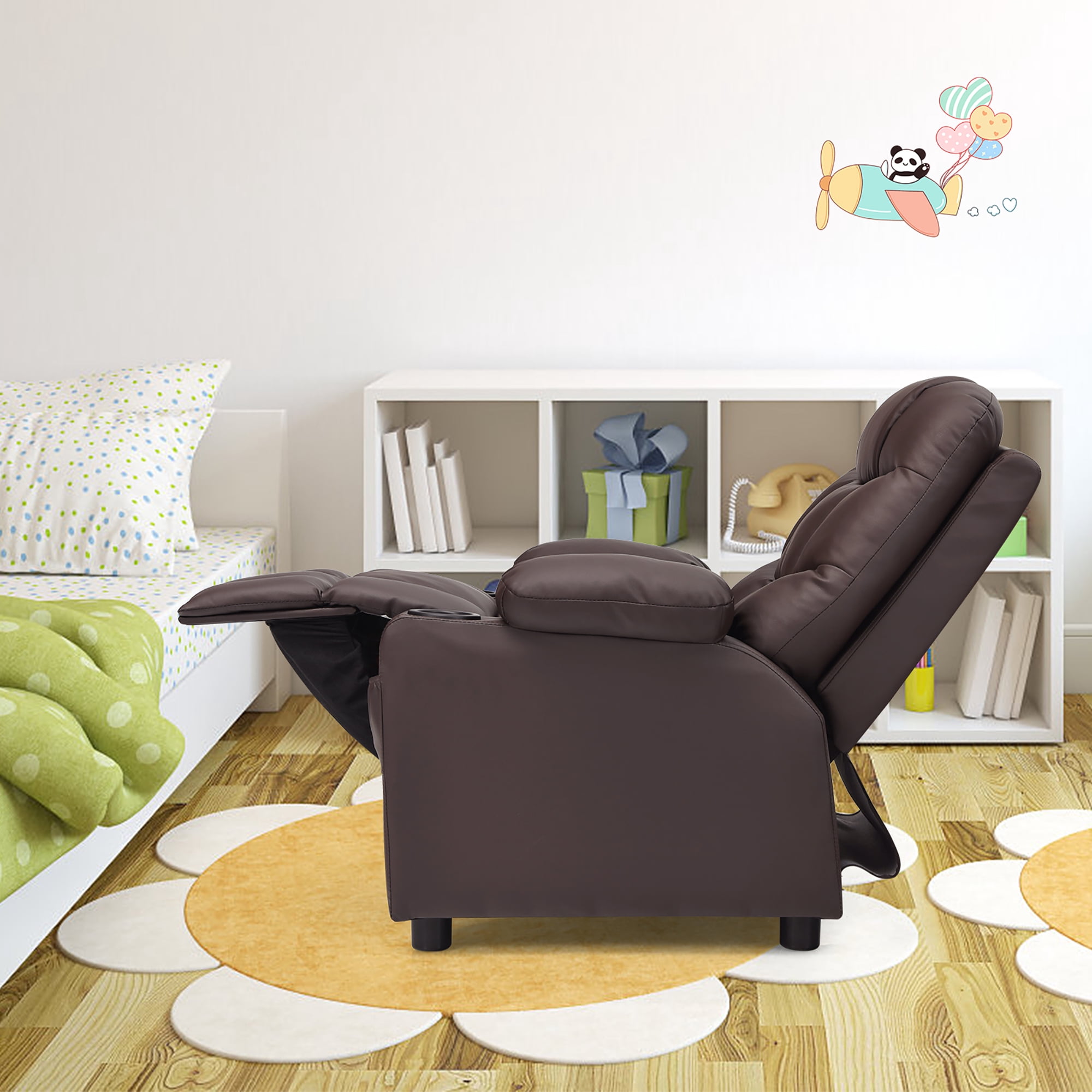 Costway Kids Youth Recliner Chair PU Leather w/Cup Holders & Side Pockets Brown - Image 8