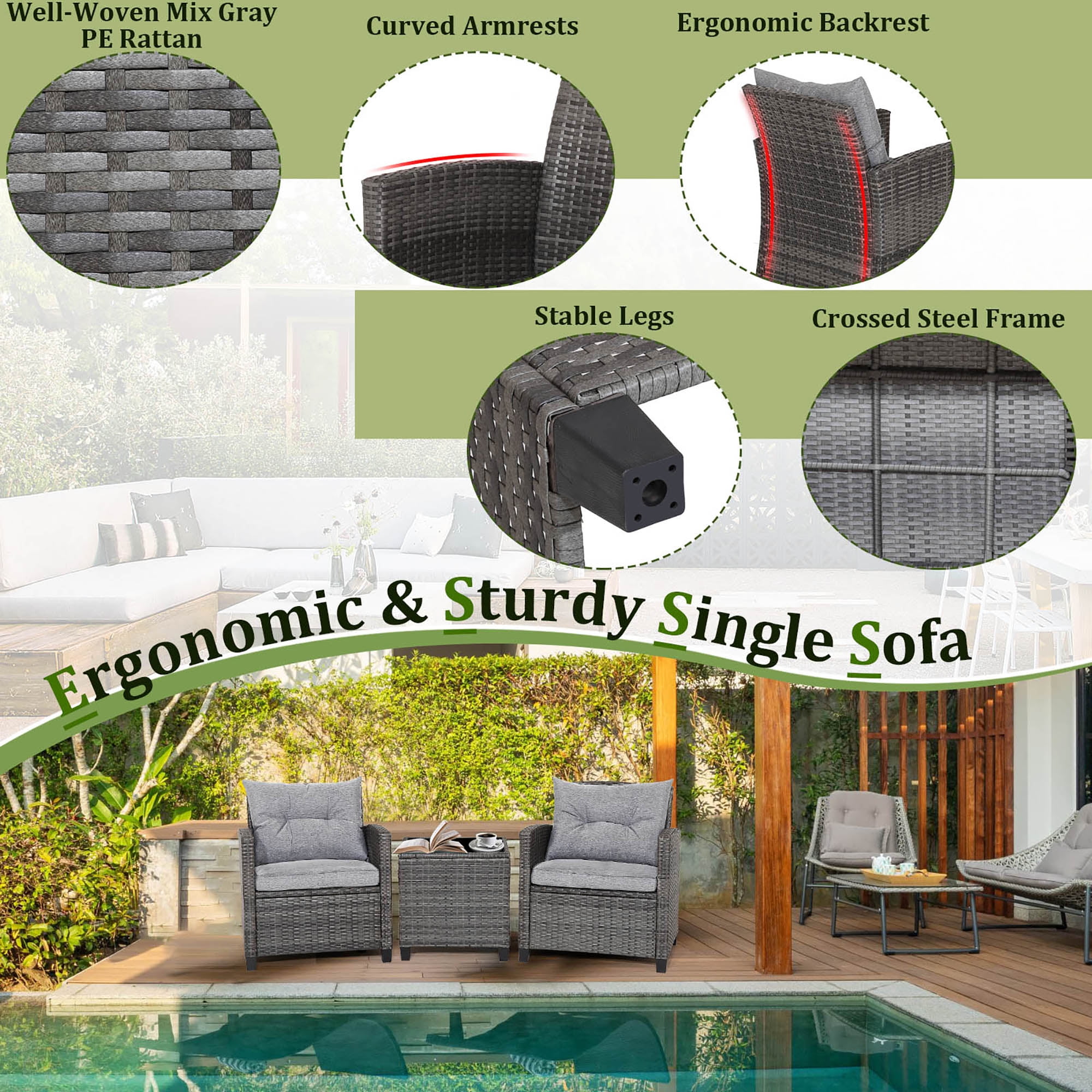 Gymax 3PCS Patio Rattan Sofa Set Outdoor Wicker Conversation Set Glass Tabletop w/ Grey Cushion - Image 9