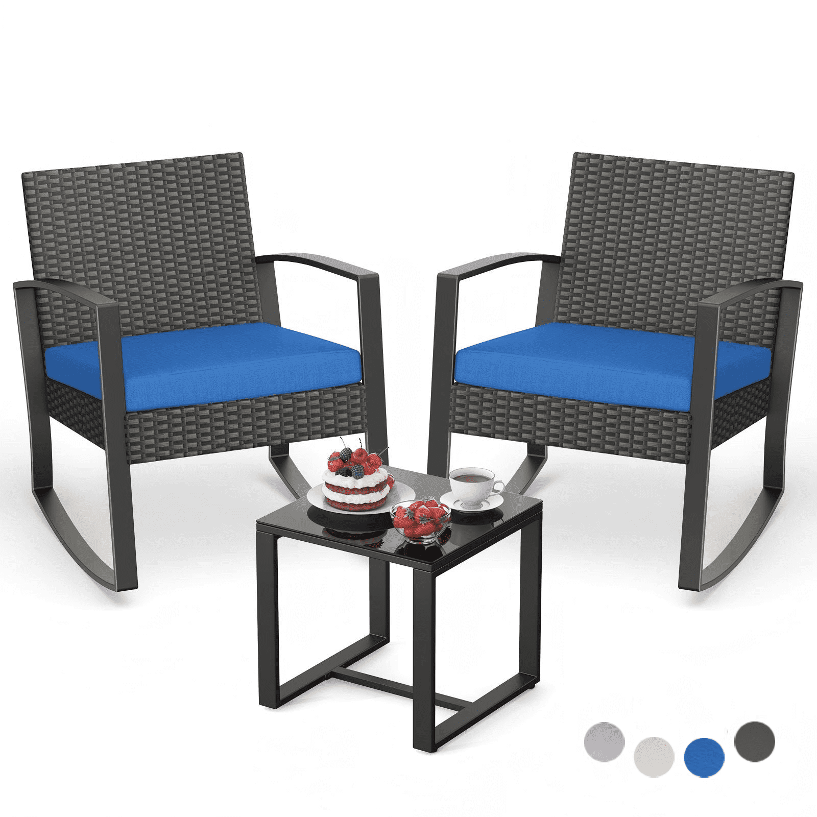 Lofka 3 Pieces Patio Bistro Chairs Set Outdoor Patio Furniture Sets with a Coffee Table, for Patio, Garden and Bistro, Blue Cushion - Image 6