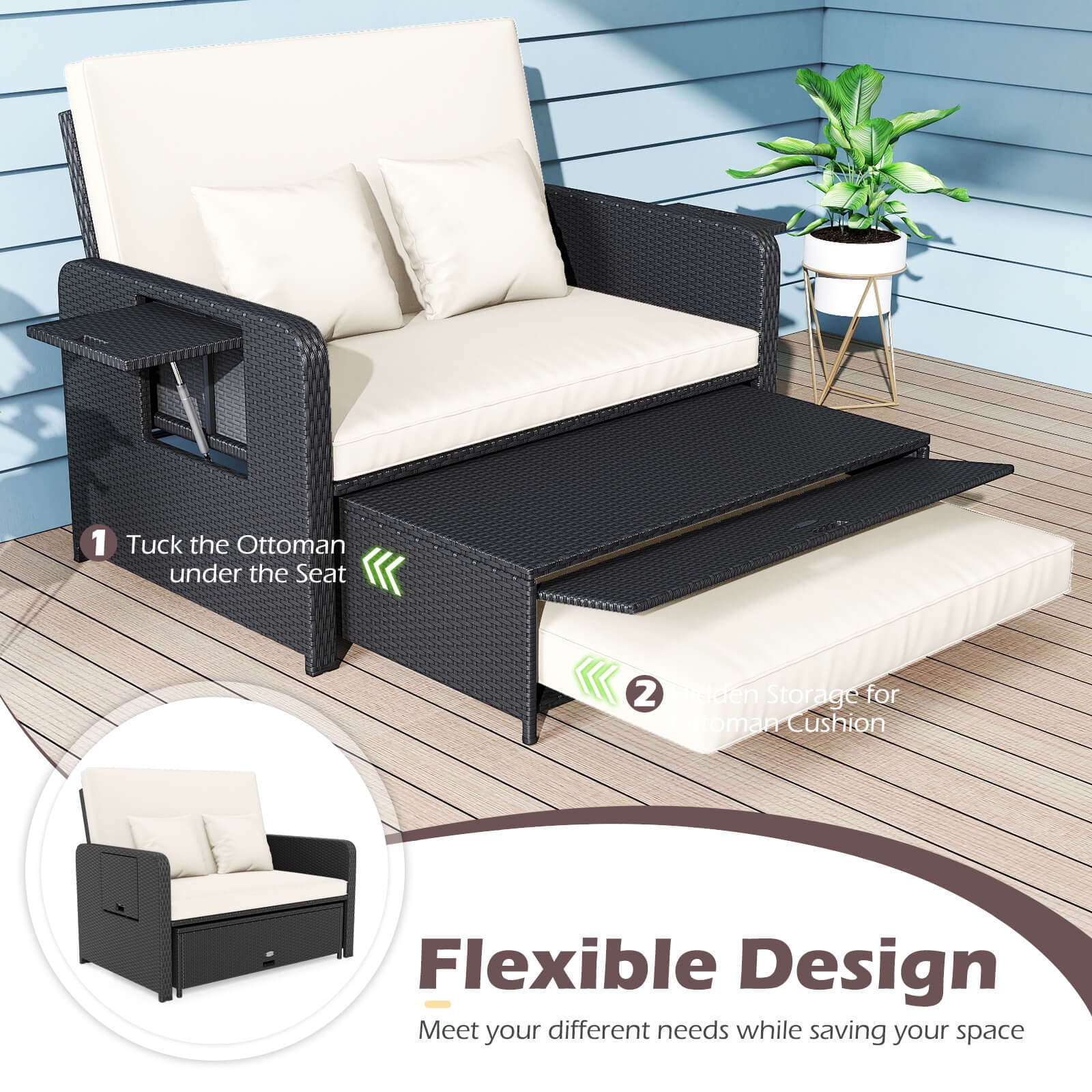 Costway 2 PCS PE Wicker Outdoor Daybed with 4-Level Adjustable Backrest, Storage Ottoman White + Black - Image 5
