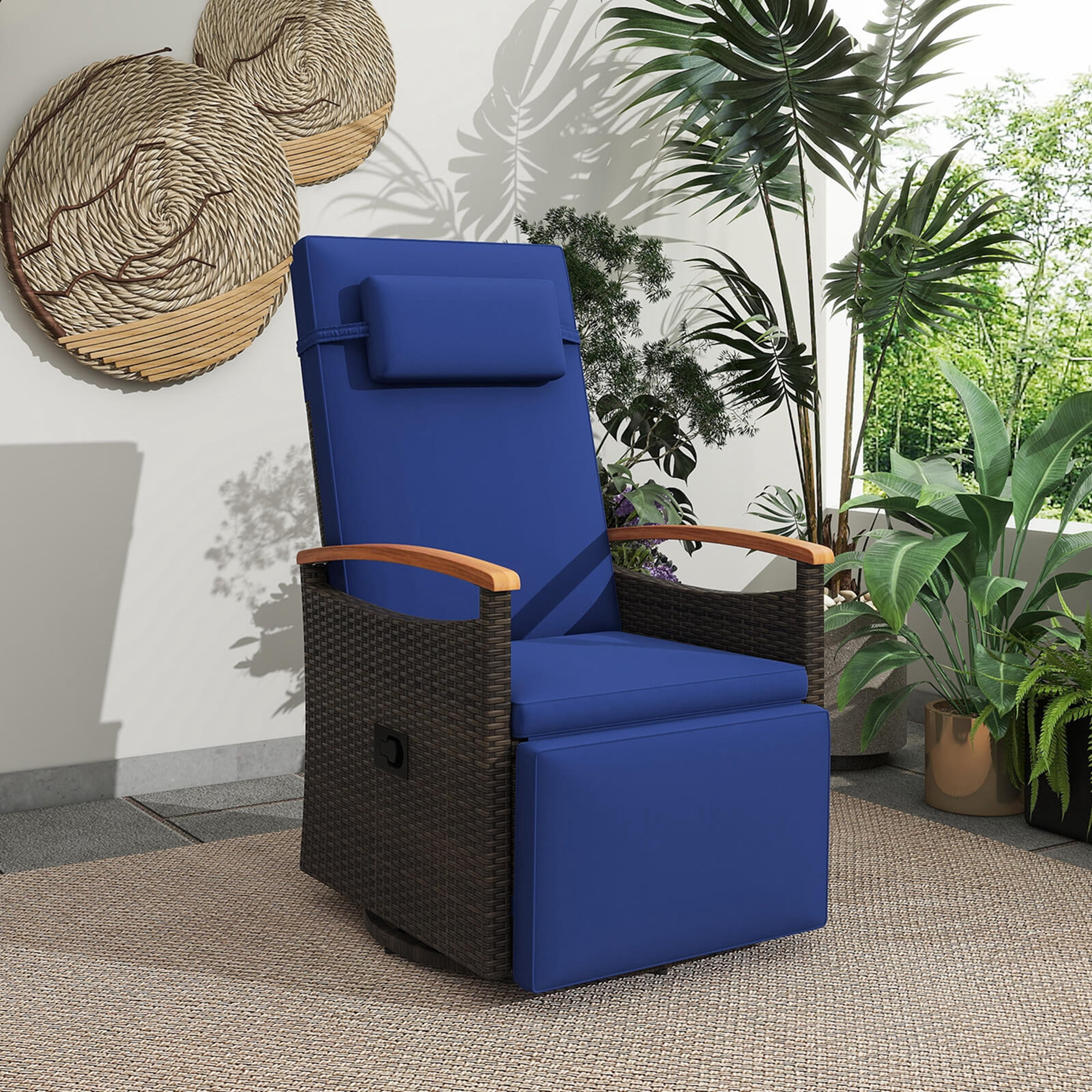 Costway Outdoor 360° Swivel Rattan Recliner Chair Patio Wicker Chaise Lounge Chair Navy - Image 2