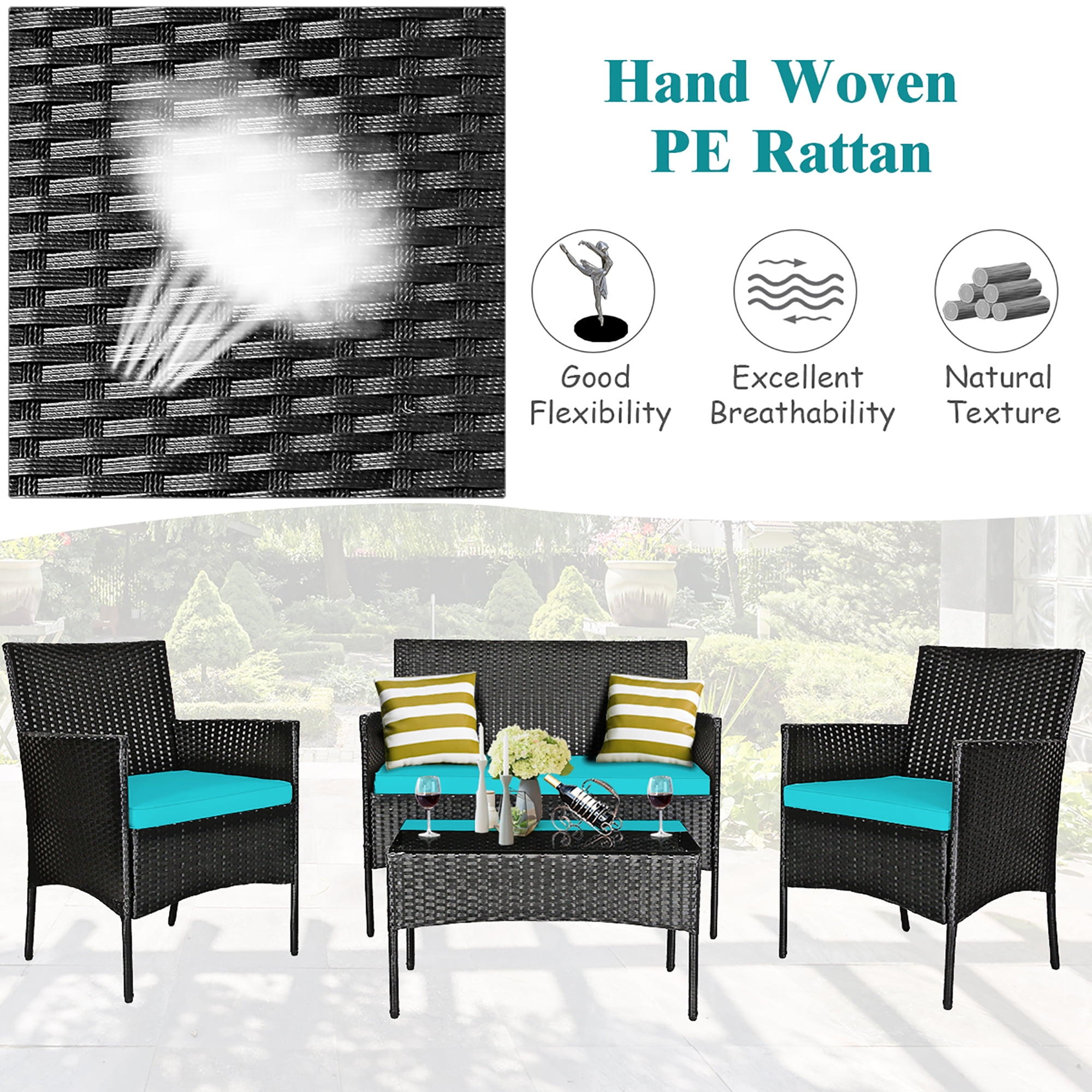 Costway 4PCS Patio Rattan Furniture Set Cushioned Sofa Coffee Table Backyard Turquoise - Image 2