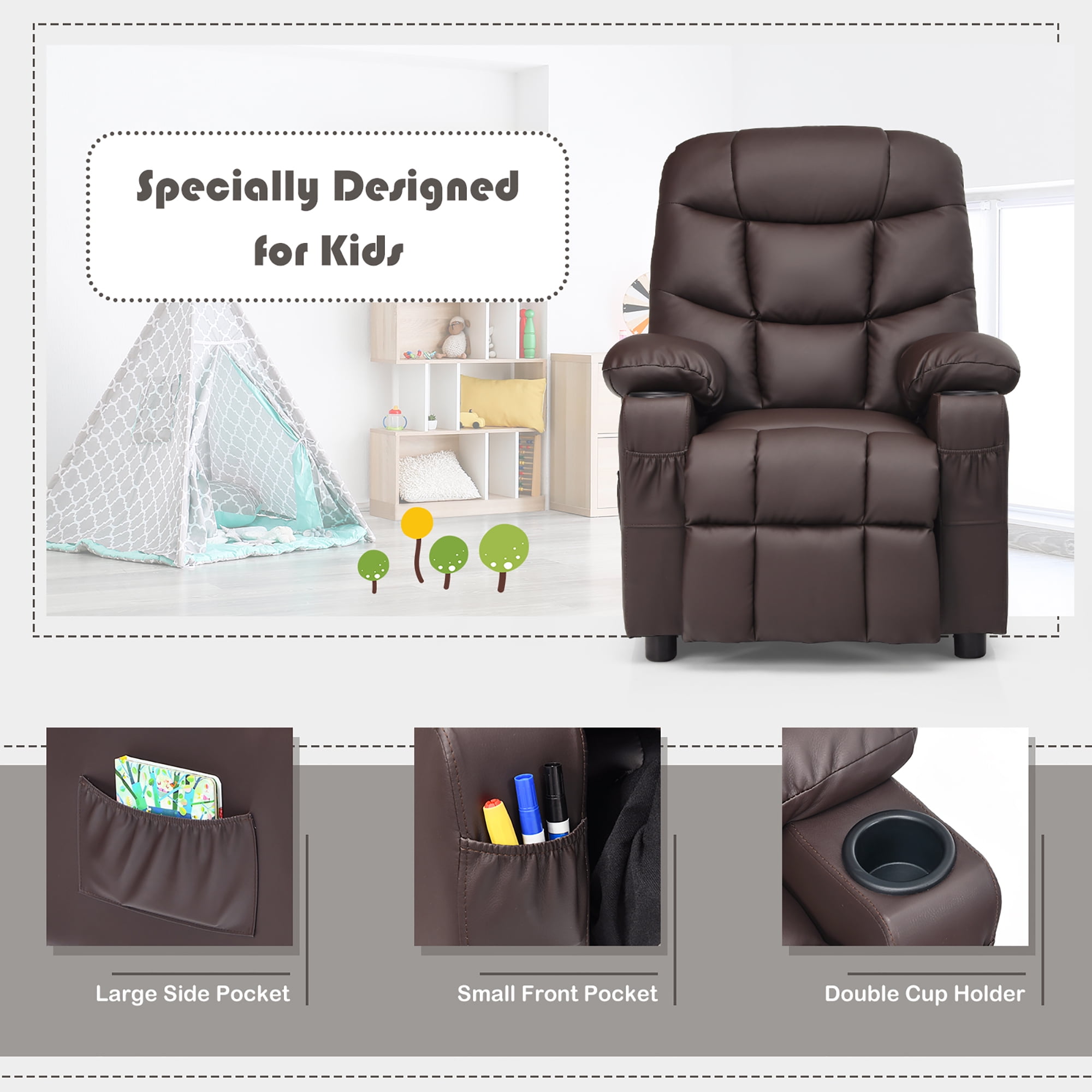Costway Kids Youth Recliner Chair PU Leather w/Cup Holders & Side Pockets Brown - Image 7