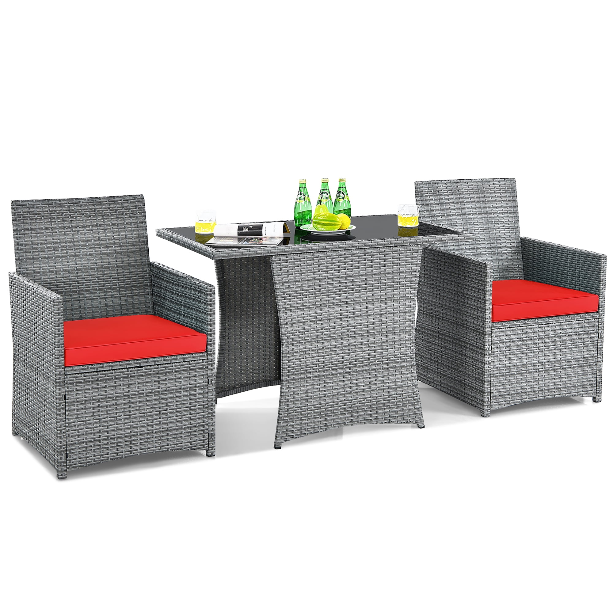 Costway 3PCS Patio Rattan Furniture Set Cushioned Sofa Armrest Garden Red - Image 8