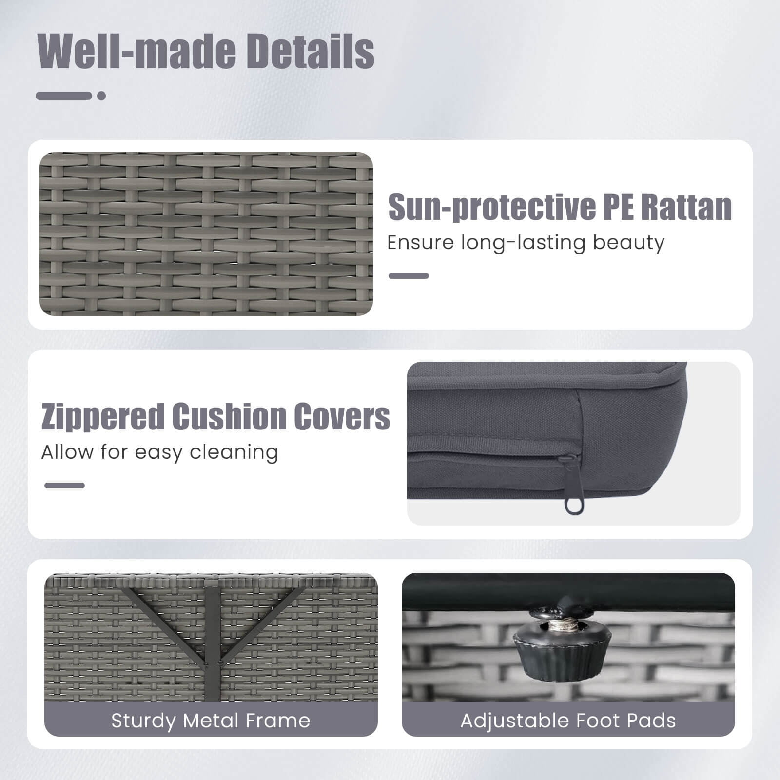 Costway Wicker Outdoor Patio Dining Set with Ottoman and Retractable Side Tray, Gray - Image 4