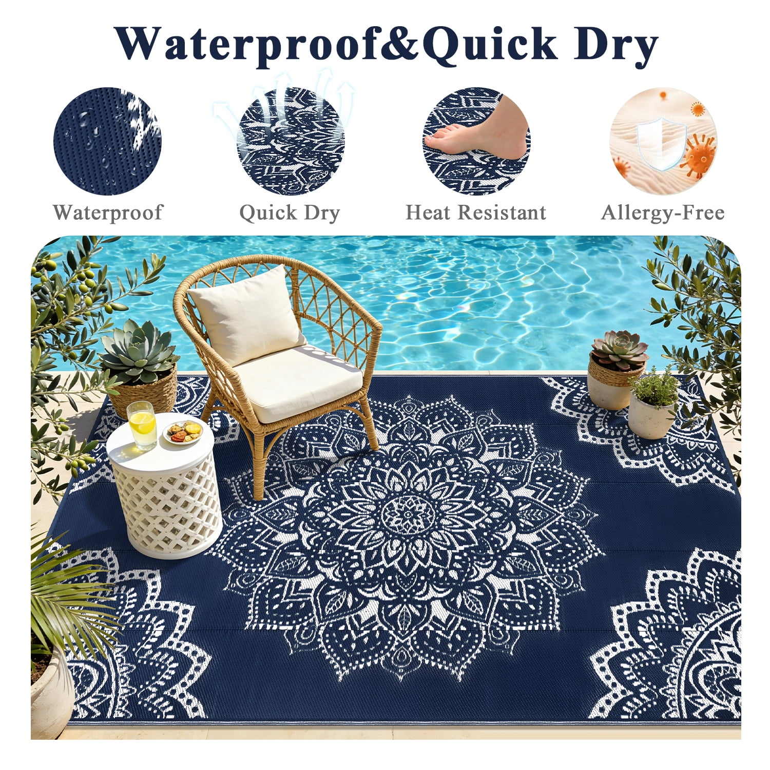 Findosom 6'x9' Outdoor Rug Large Patios Rug RV Outdoor Rug Waterproof Foldable Portable Camping Rugs Reversible Plastic Straw Rug Outdoor Area Rug for Camping, RV, Balcony, Patio, Picnic, Beach Blue - Image 3