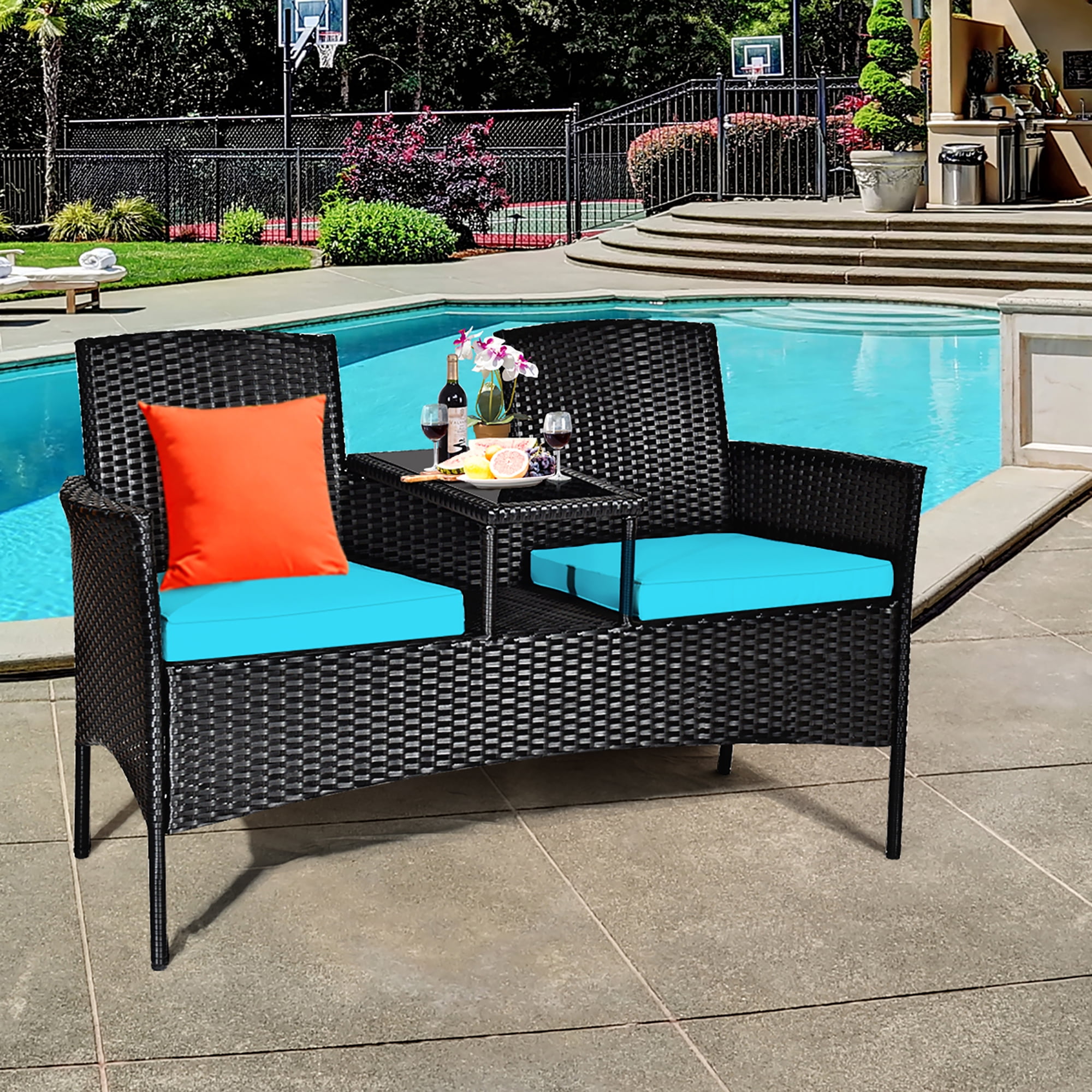 Costway Patio Rattan Conversation Set Seat Sofa Cushioned Loveseat Chairs Turquoise - Image 8
