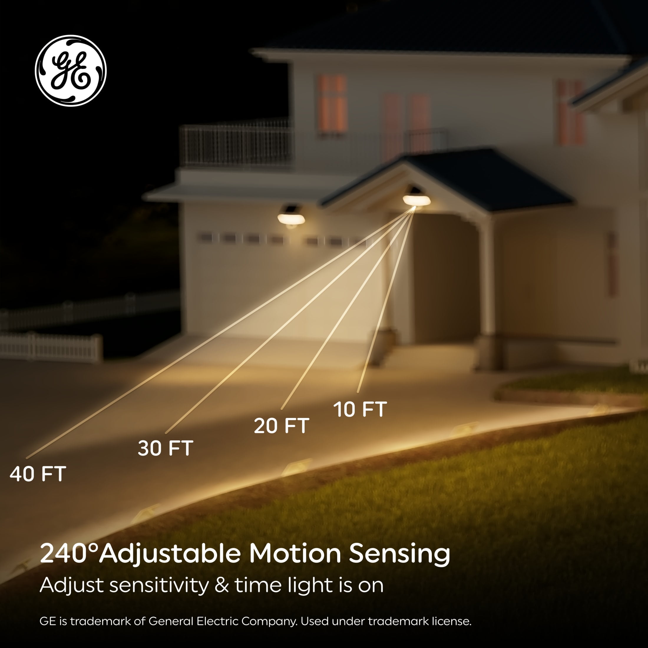 GE Outdoor Security Flood Lights, Adjustable 3-Head Light with Motion & Dusk to Dawn Sensor, Solar Light, 2500 Lumens - Image 2