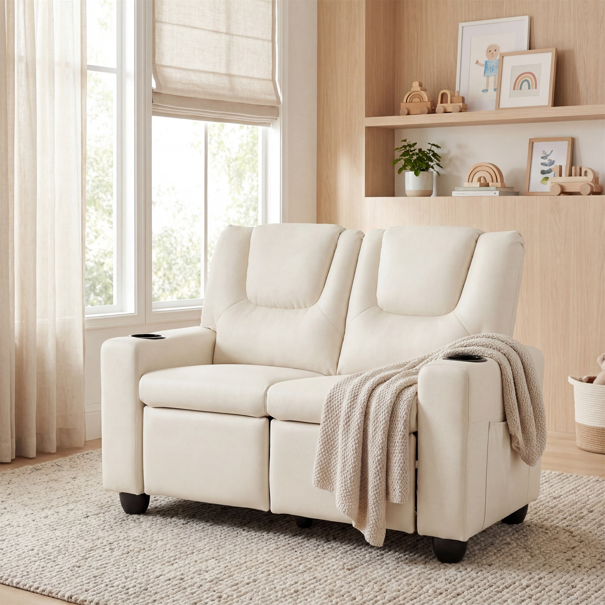 Costway 2-Seater Kids Recliner with Cup Holders Side Storage Pockets Adjustable Backrest Beige - Image 2