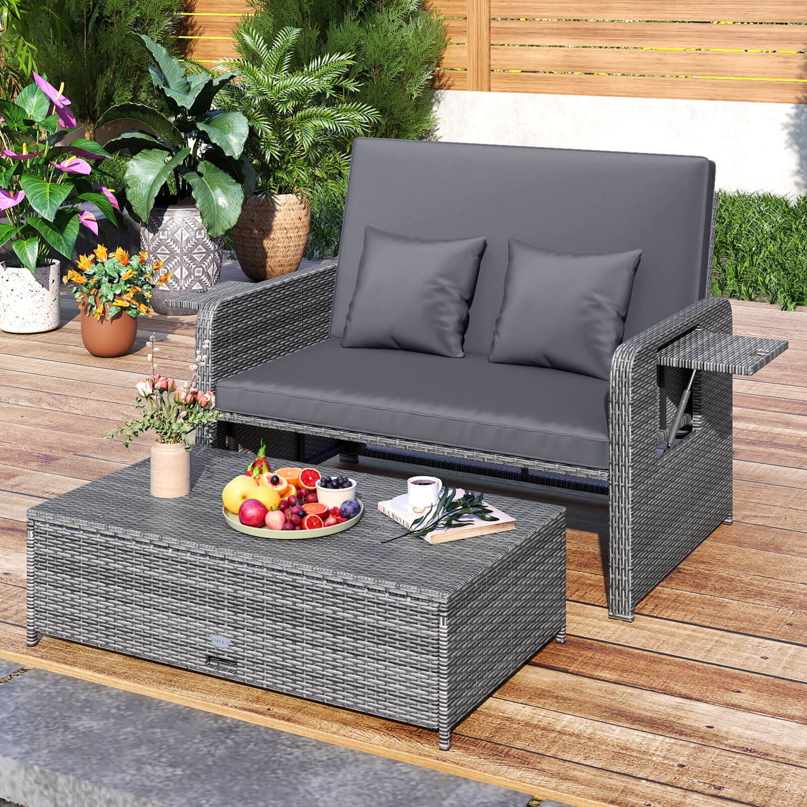 Costway Wicker Outdoor Patio Dining Set with Ottoman and Retractable Side Tray, Gray - Image 8