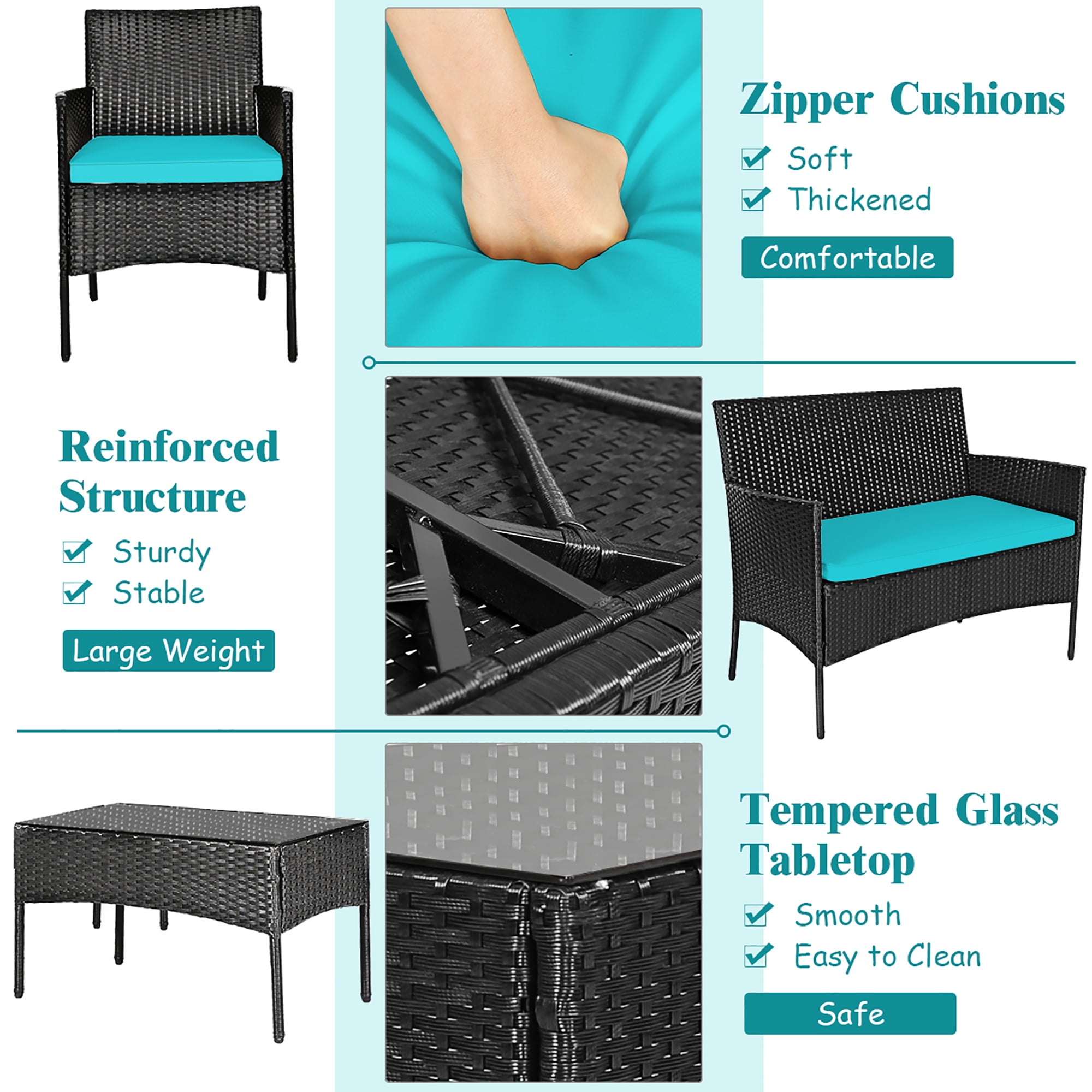 Costway 4PCS Patio Rattan Furniture Set Cushioned Sofa Coffee Table Backyard Turquoise - Image 7