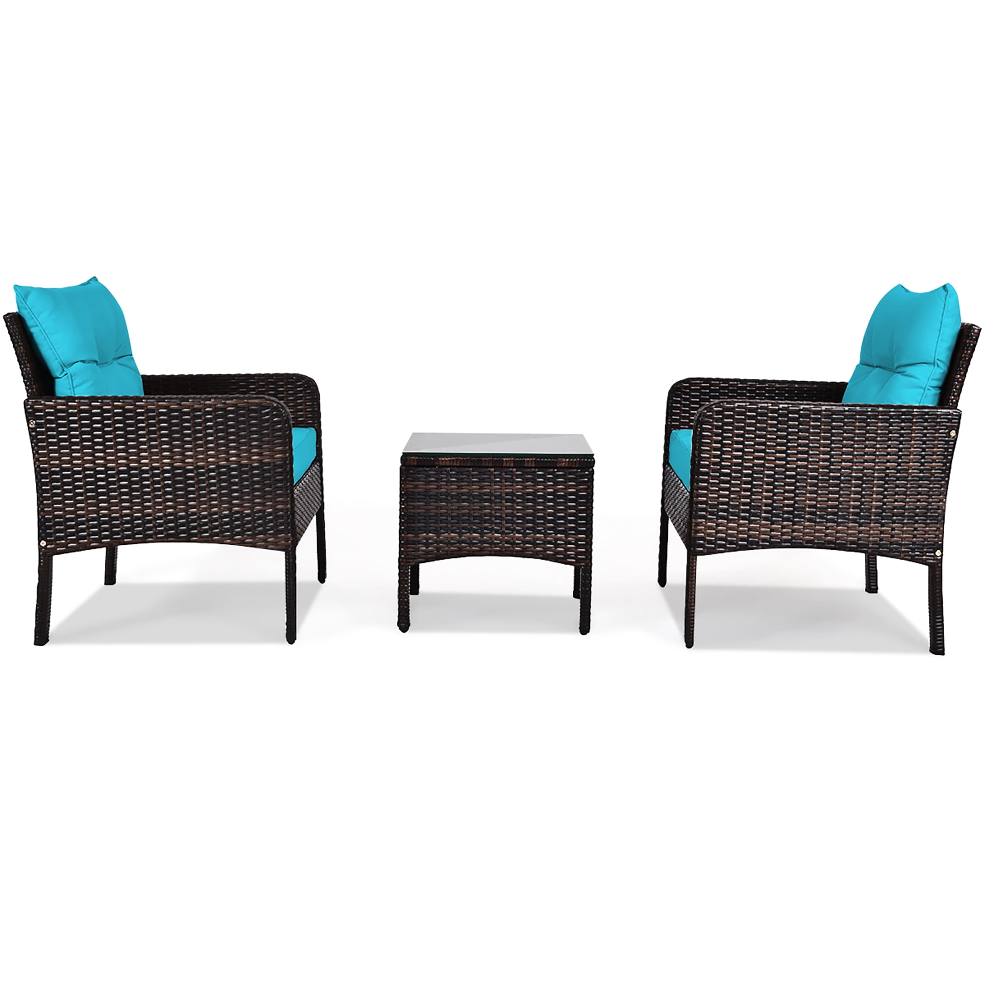 Costway 3PCS Outdoor Rattan Conversation Set Patio Garden Cushioned Sofa Chair Turquoise - Image 4