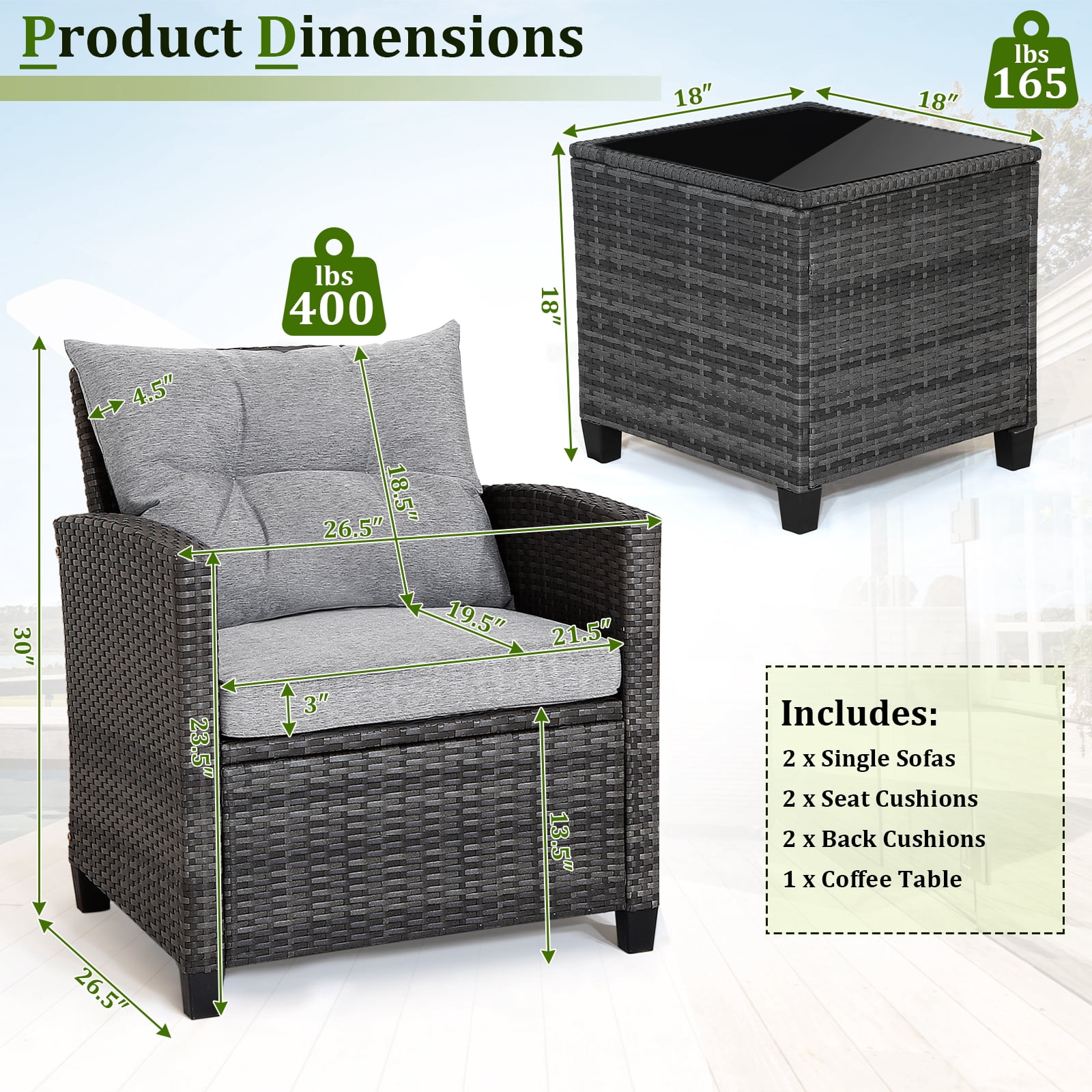 Gymax 3PCS Patio Rattan Sofa Set Outdoor Wicker Conversation Set Glass Tabletop w/ Grey Cushion - Image 7