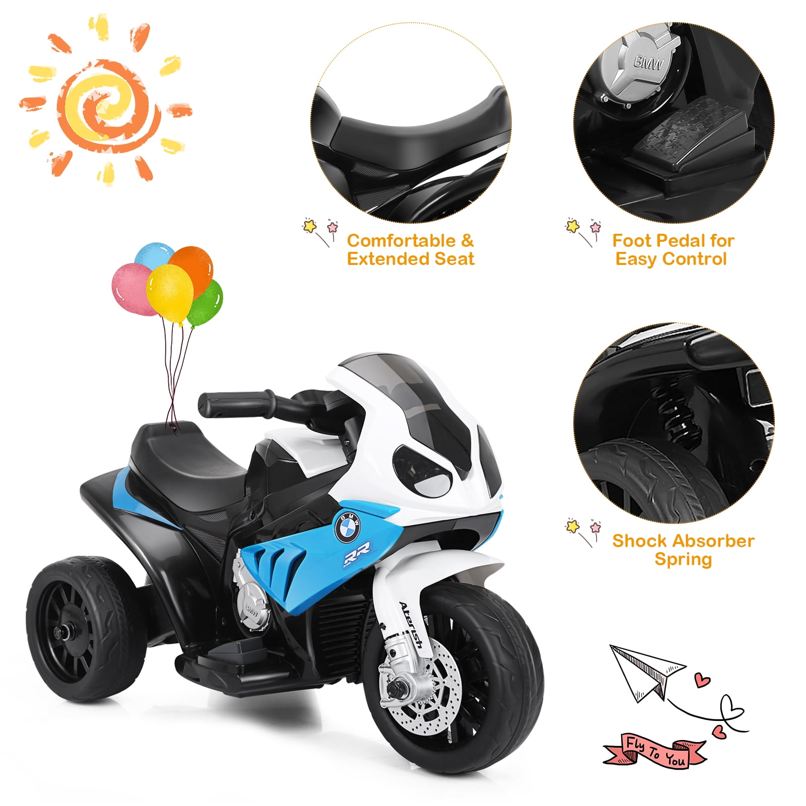 Costway Kids Ride On Motorcycle BMW Licensed 6V Electric 3 Wheels Bicycle Music & Light Blue - Image 3