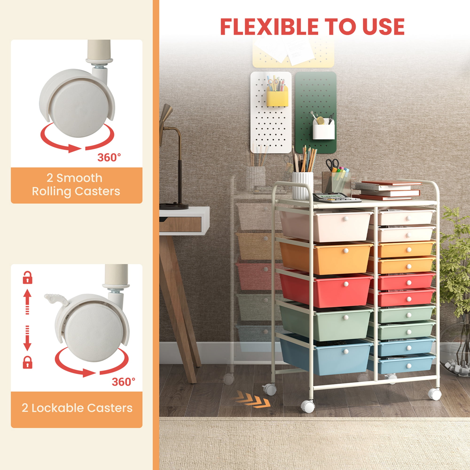Costway 15 Drawer Art & Craft Rolling Storage Cart Tools Scrapbook Paper Office School Organizer Macaron - Image 8