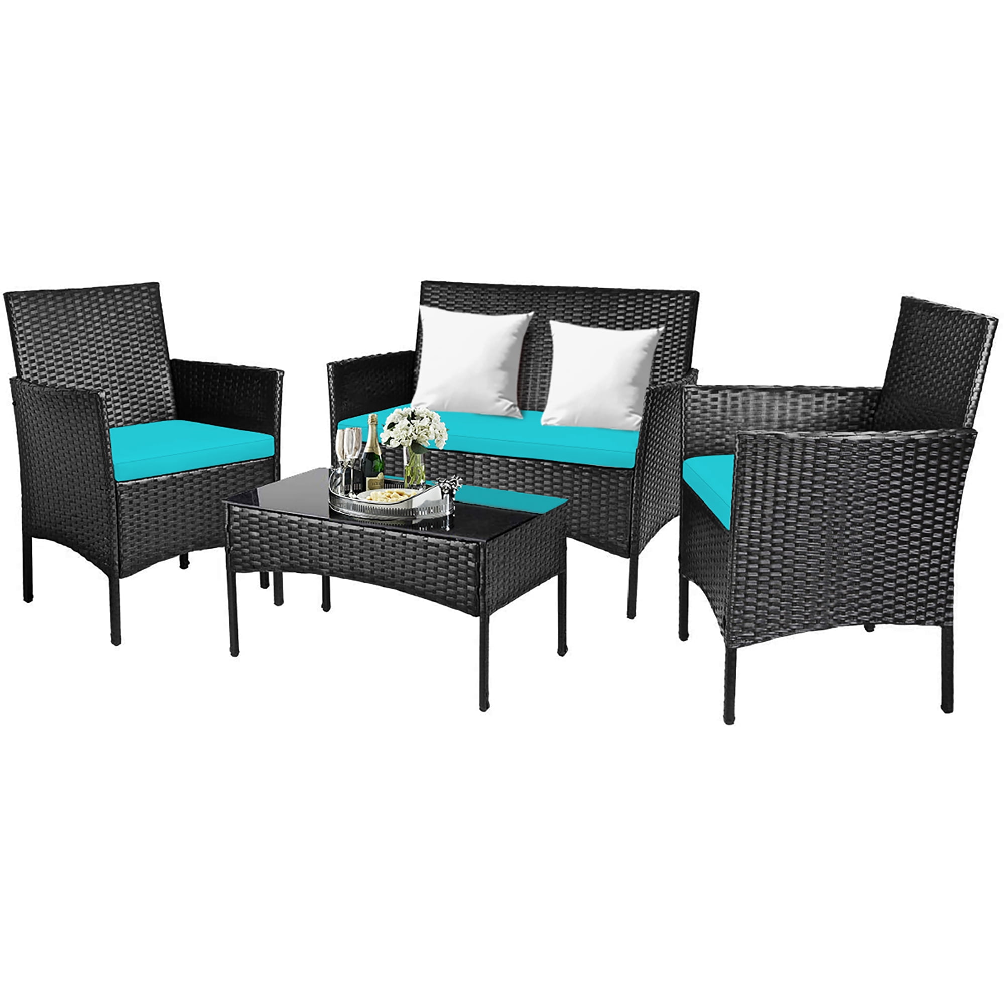 Costway 4PCS Patio Rattan Furniture Set Cushioned Sofa Coffee Table Backyard Turquoise - Image 8