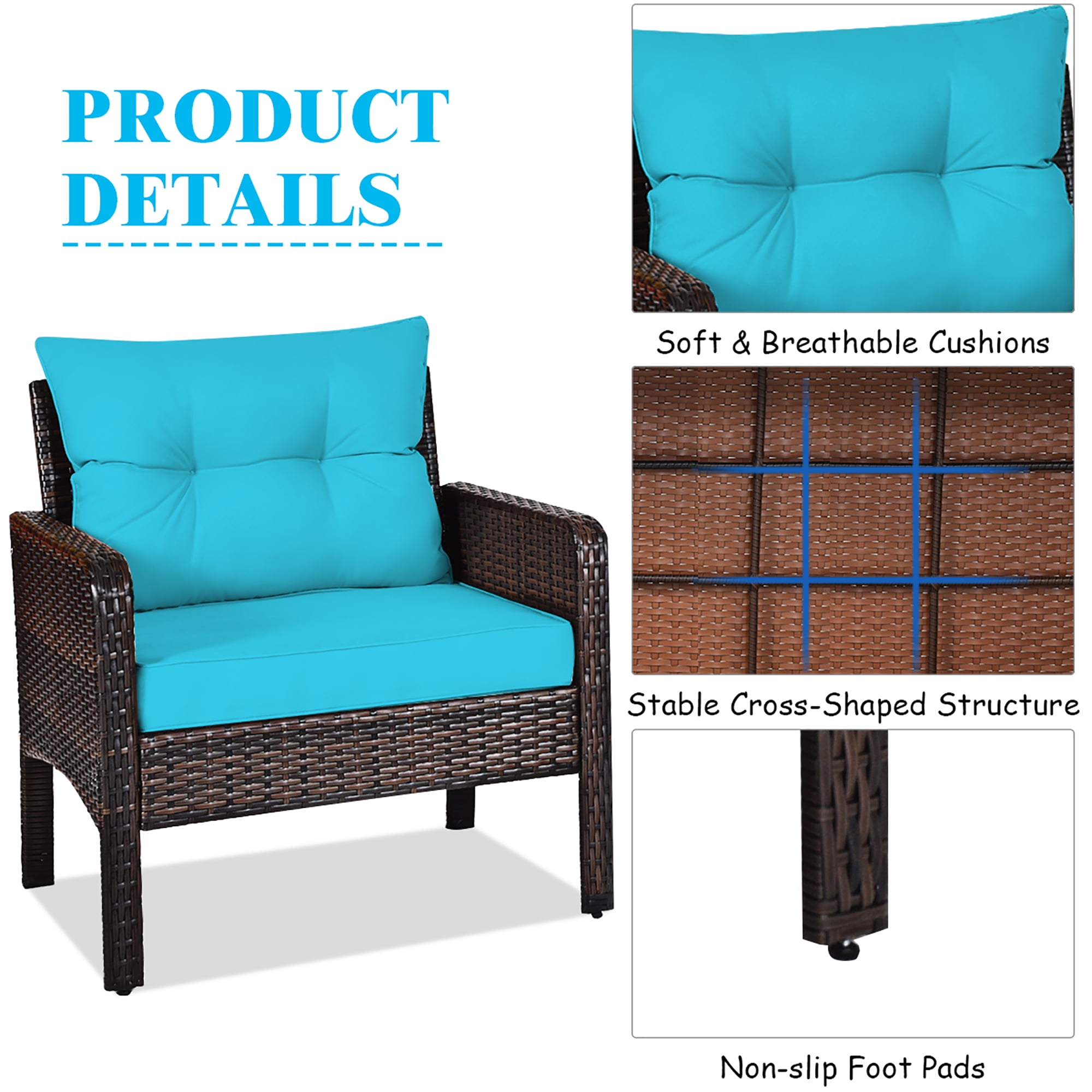 Costway 3PCS Outdoor Rattan Conversation Set Patio Garden Cushioned Sofa Chair Turquoise - Image 2