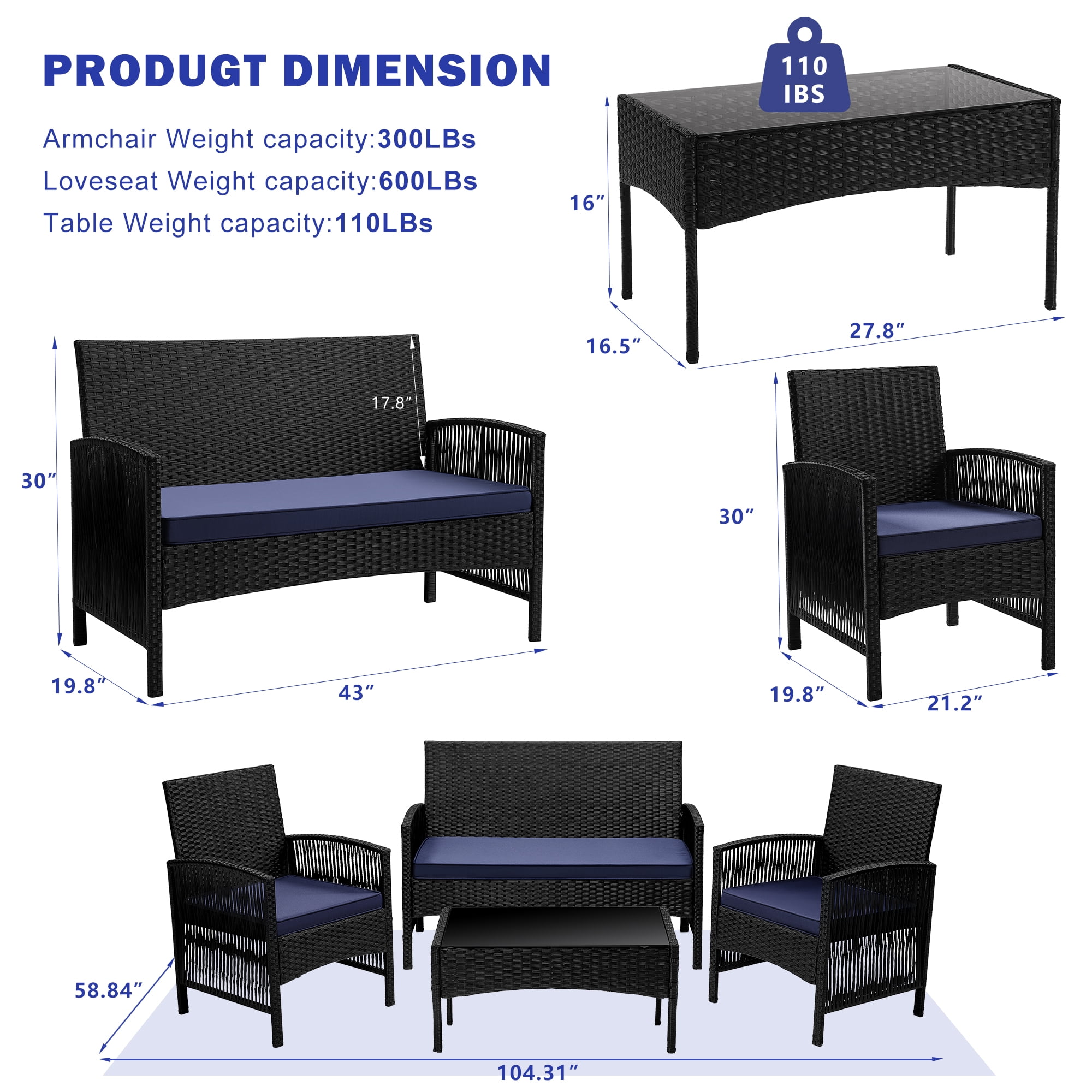 Patio Furniture Set on Sale, 4 Pieces Outdoor Rattan Conversation Sofa Set, All-Weather Wicker Patio Sets, Cushioned Sofa and Coffee Table for Garden Deck Courtyard, Nevy - Image 9
