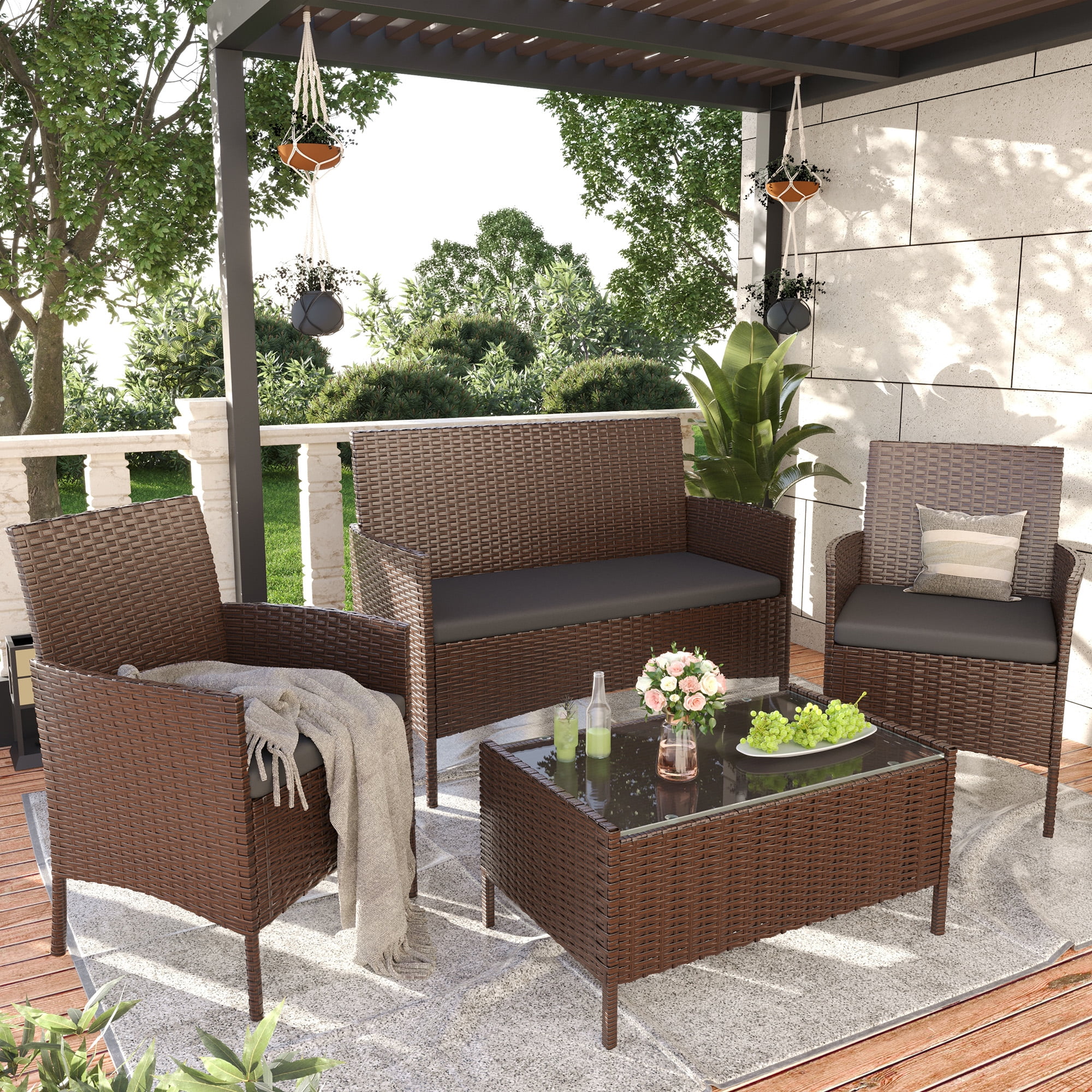 Elposun 4 Steel Hand-woven Outdoor Conversation Sets with Sofa and Table, Brown/Gray - Image 4