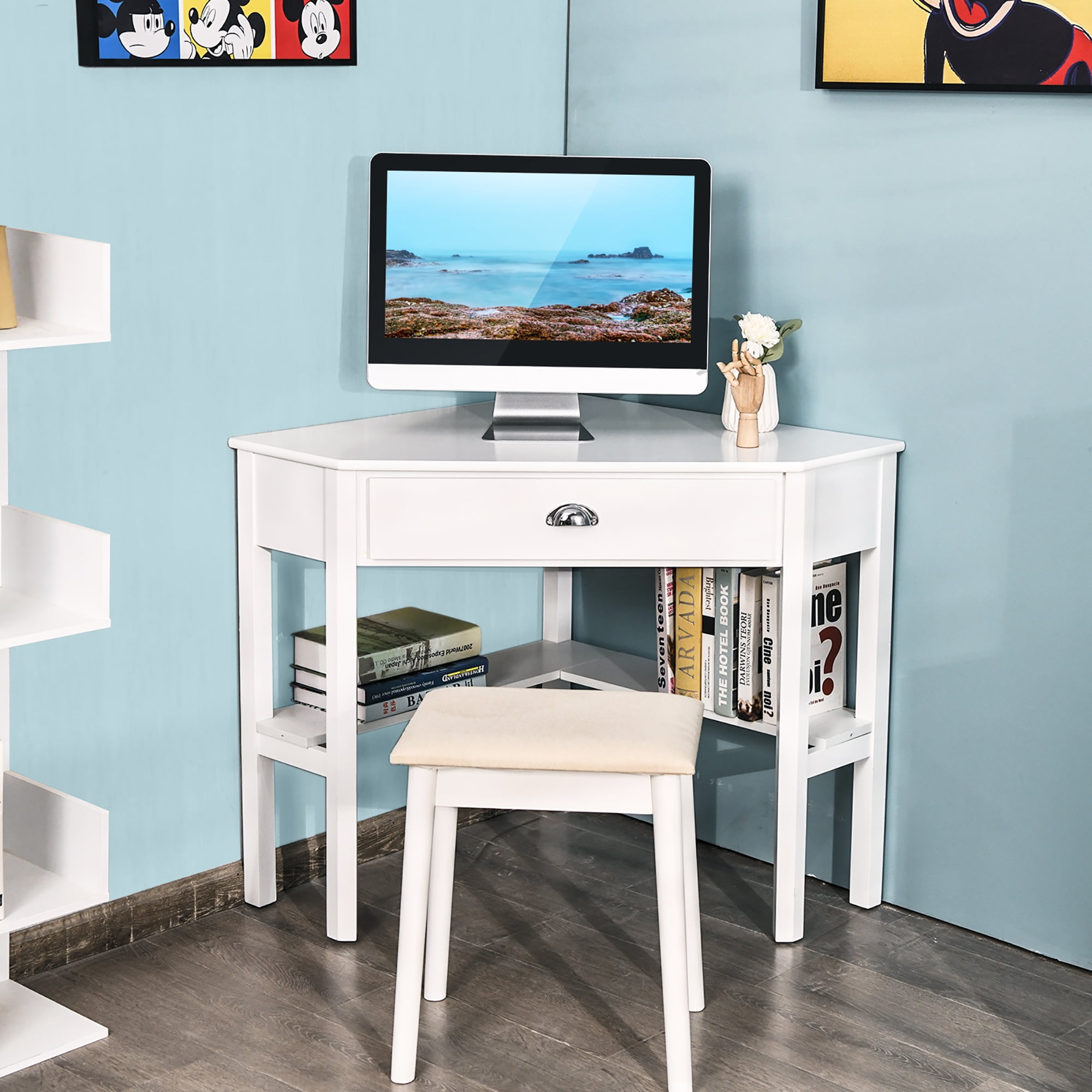 Costway Triangle Computer Desk Corner Office Desk Laptop Table w/ Drawer Shelves Rustic White - Image 9
