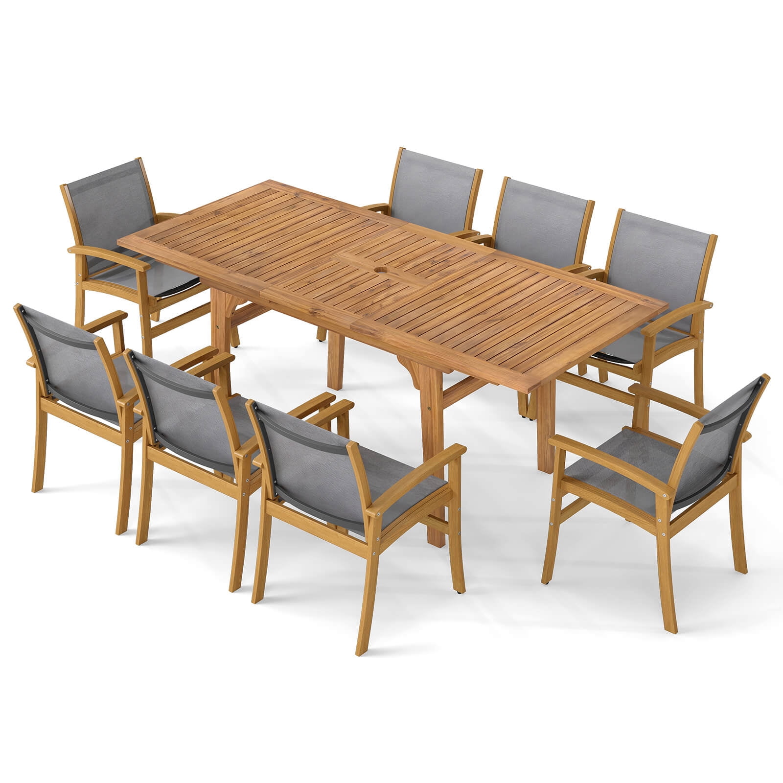 Costway 9 PCS Acacia Wood Outdoor Dining Set for 6-8 with 1.97 Natural + Gray - Image 6