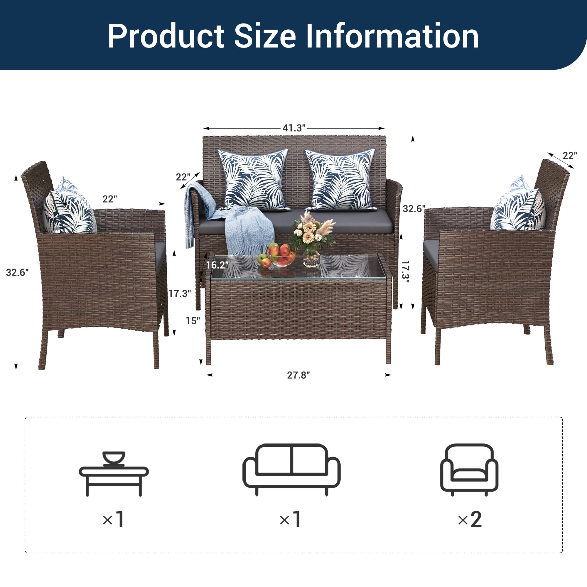 Elposun 4 Steel Hand-woven Outdoor Conversation Sets with Sofa and Table, Brown/Gray - Image 6
