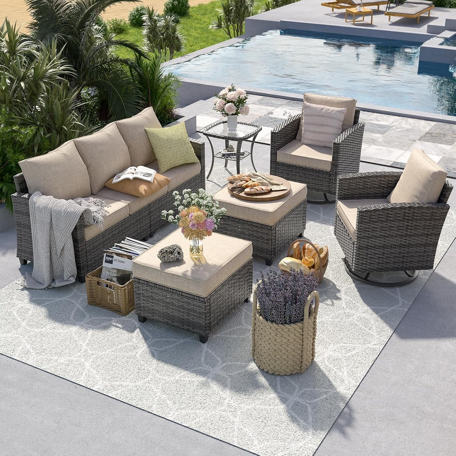 ELPOSUN Patio Furniture Set, 6 Pieces Outdoor Patio Set, All-Weather Wicker Rattan Outdoor Furniture Set with Swivel Chairs for Poolside, Backyard, Gray Wicker Khaki Cushions - Image 7