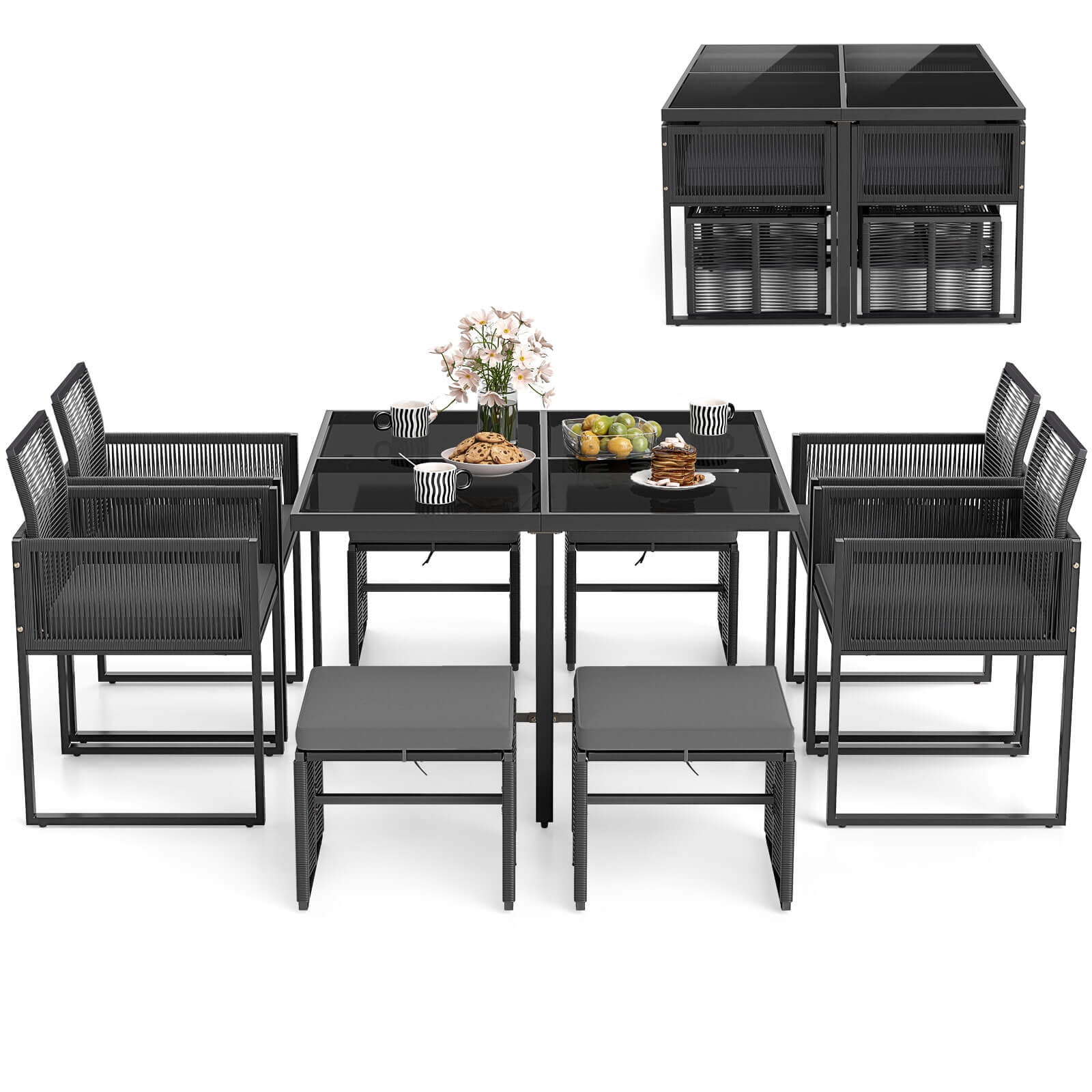 Costway 9 PCS Patio Dining Set with PE Rattan Chairs Tempered Glass Table and Ottomans - Image 10