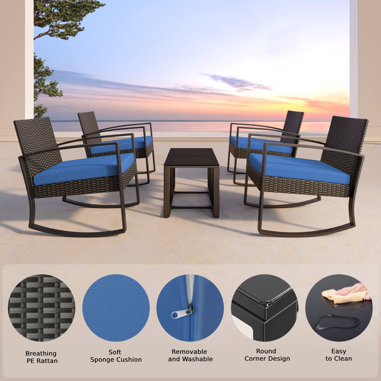 Lofka 3 Pieces Patio Bistro Chairs Set Outdoor Patio Furniture Sets with a Coffee Table, for Patio, Garden and Bistro, Blue Cushion - Image 2