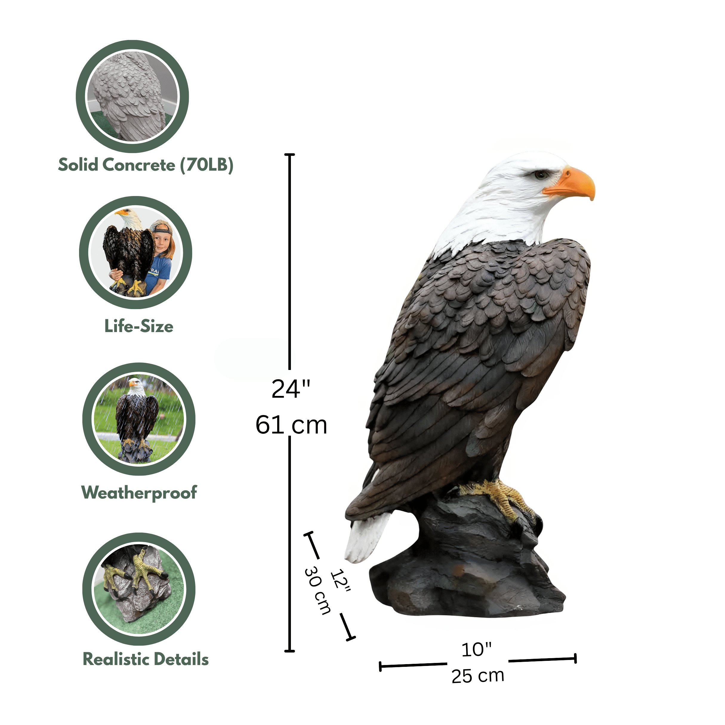 Ur Home Decor LLC 24" Concrete American Bald Eagle Garden Statue - Image 2