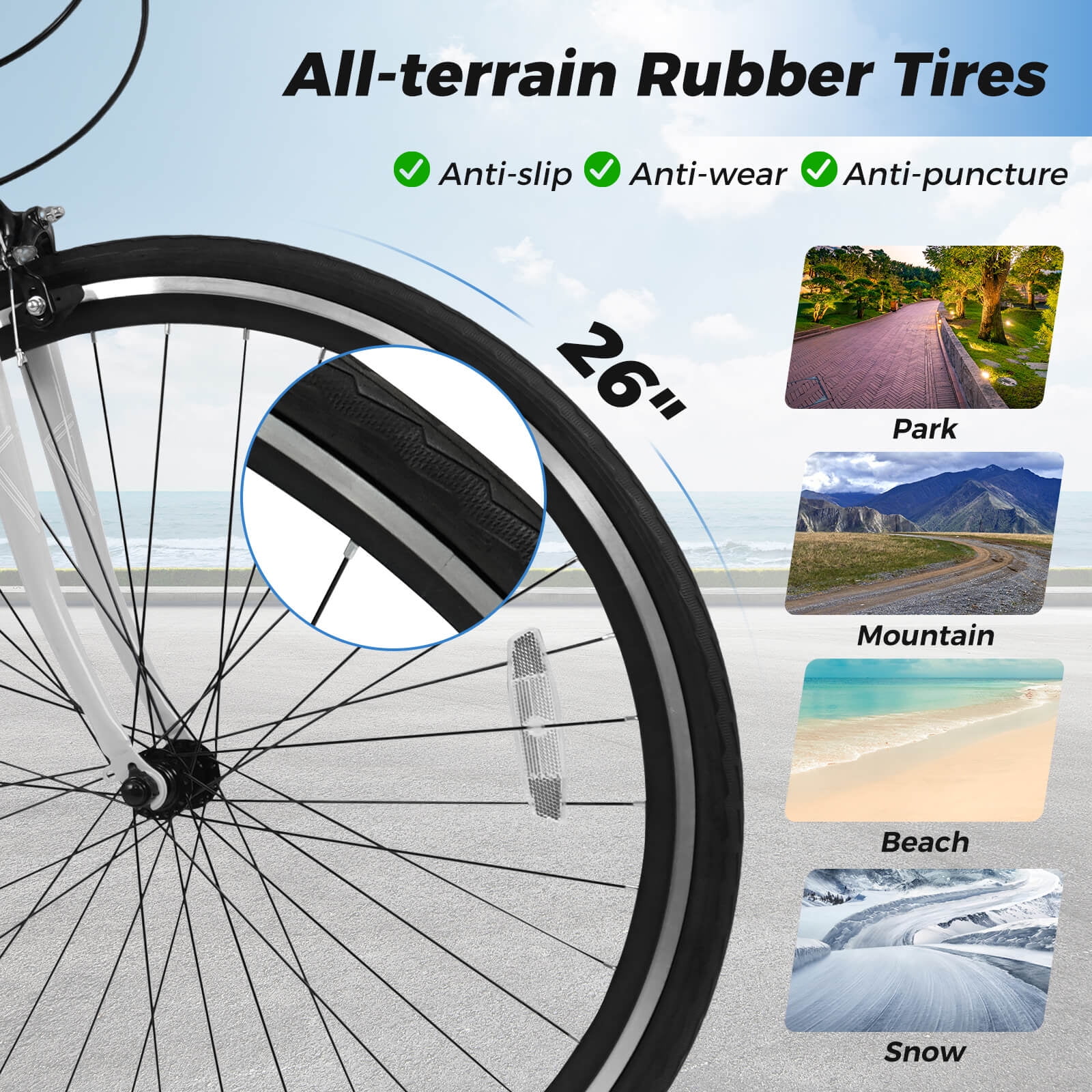 Costway 6-Speed Cycling Bike with All-terrain Rubber Wheels Dual Brakes Adjustable Saddle Gray - Image 8