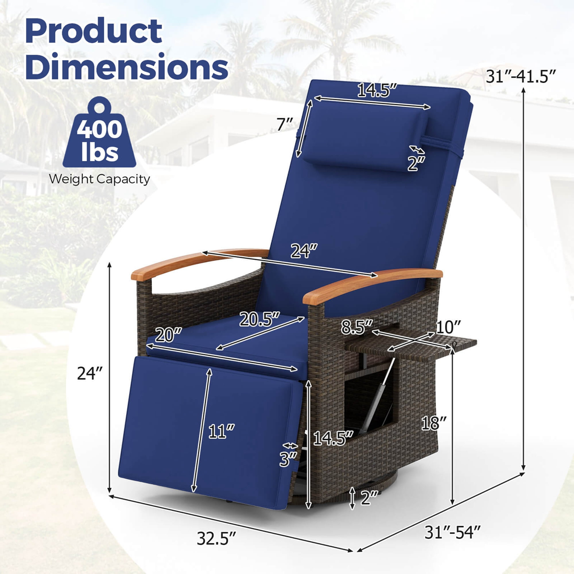 Costway Outdoor 360° Swivel Rattan Recliner Chair Patio Wicker Chaise Lounge Chair Navy - Image 4