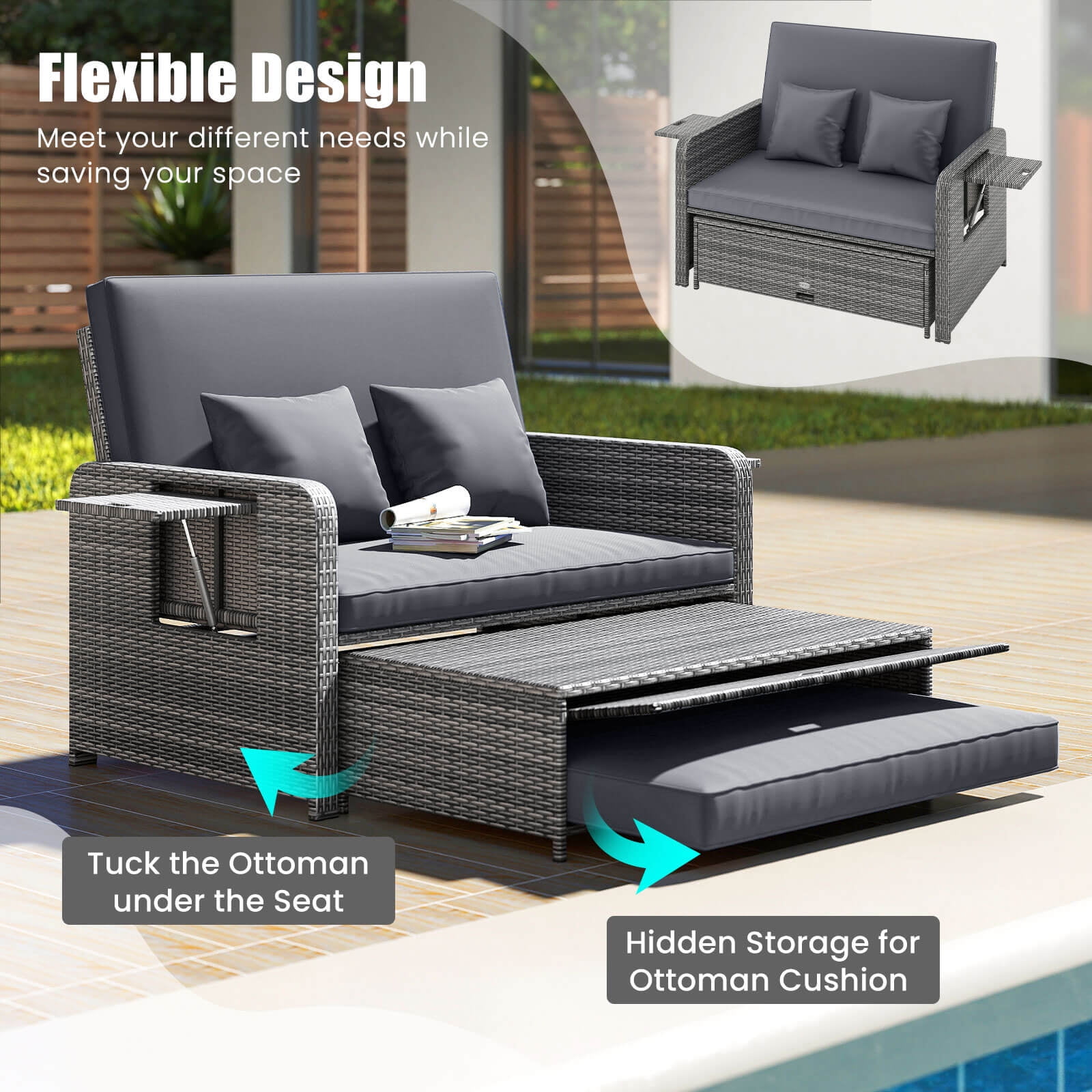 Costway Wicker Outdoor Patio Dining Set with Ottoman and Retractable Side Tray, Gray - Image 9