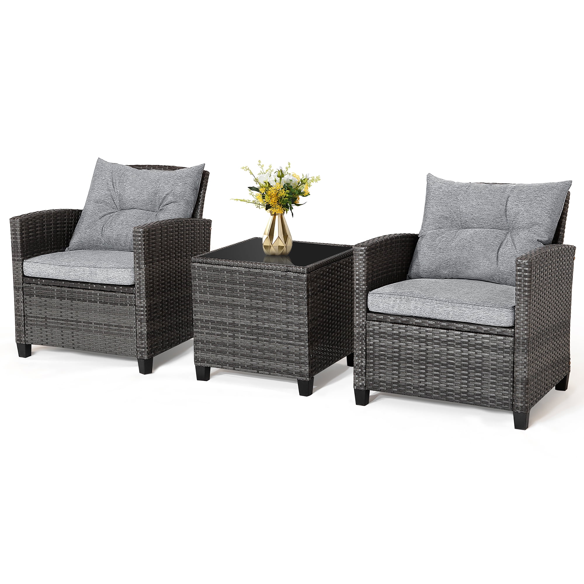Gymax 3PCS Patio Rattan Sofa Set Outdoor Wicker Conversation Set Glass Tabletop w/ Grey Cushion - Image 10