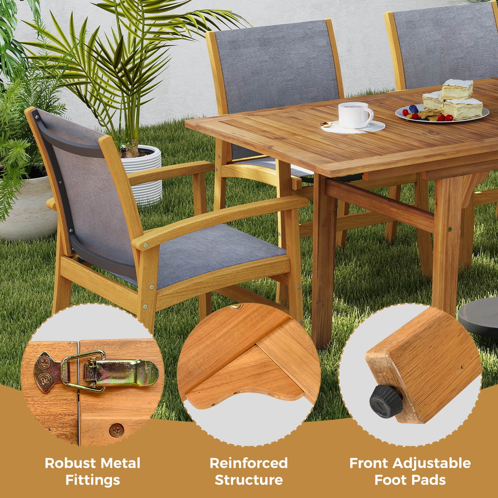 Costway 9 PCS Acacia Wood Outdoor Dining Set for 6-8 with 1.97 Natural + Gray - Image 8