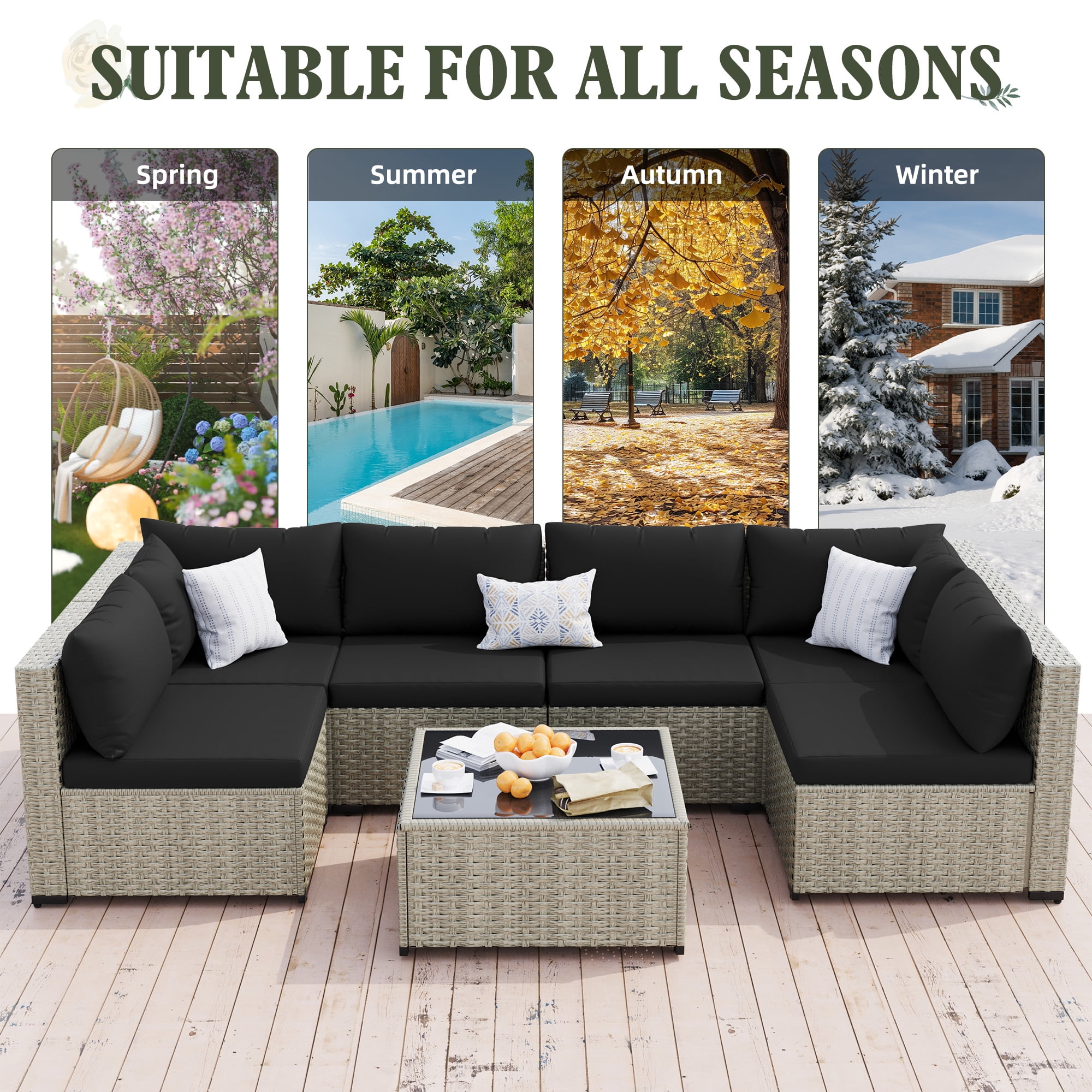 Amopatio 7 Pieces Patio Conversation Set, Outdoor Sectional PE Rattan Wicker Furniture Seat,BLACK - Image 3