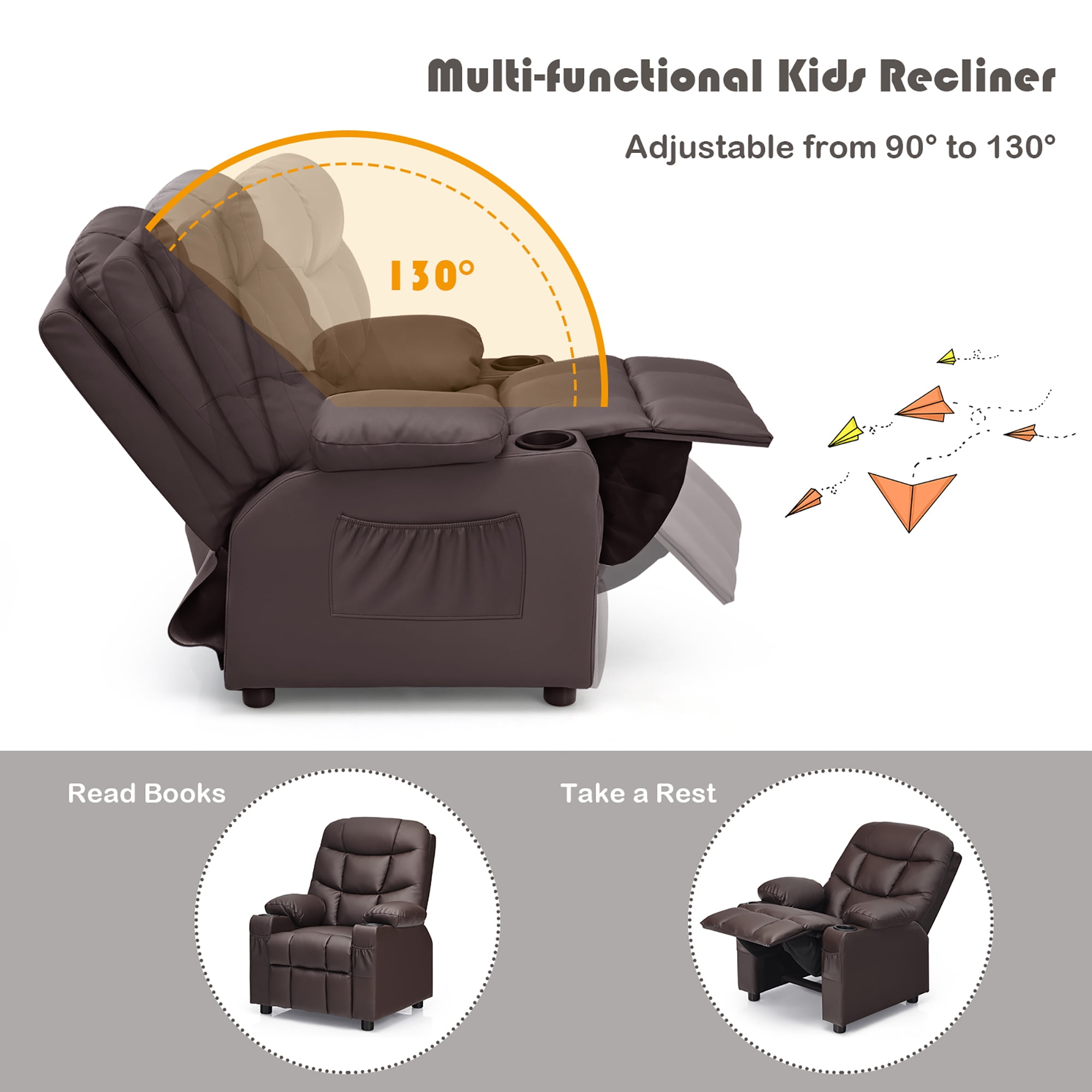Costway Kids Youth Recliner Chair PU Leather w/Cup Holders & Side Pockets Brown - Image 9
