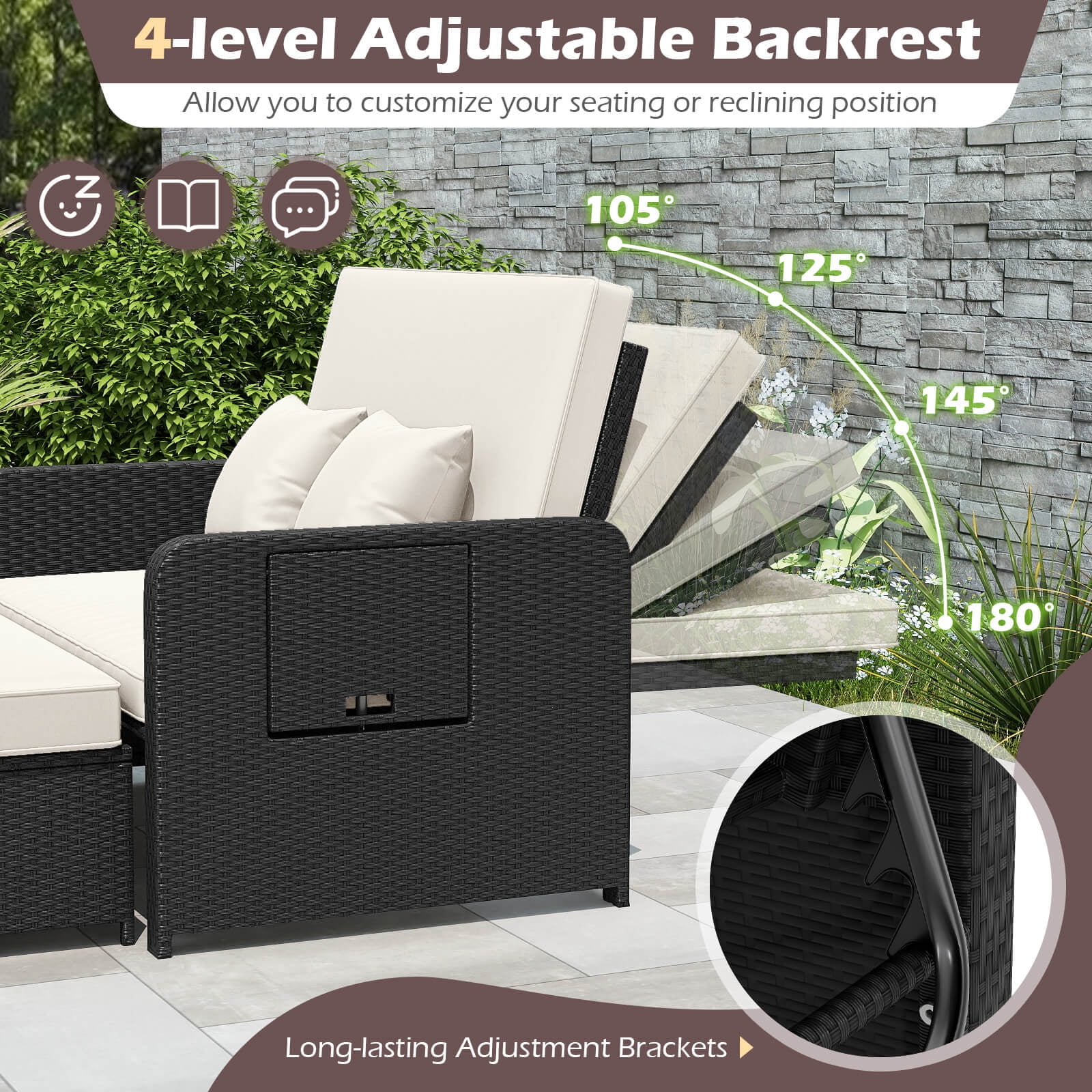 Costway 2 PCS PE Wicker Outdoor Daybed with 4-Level Adjustable Backrest, Storage Ottoman White + Black - Image 4