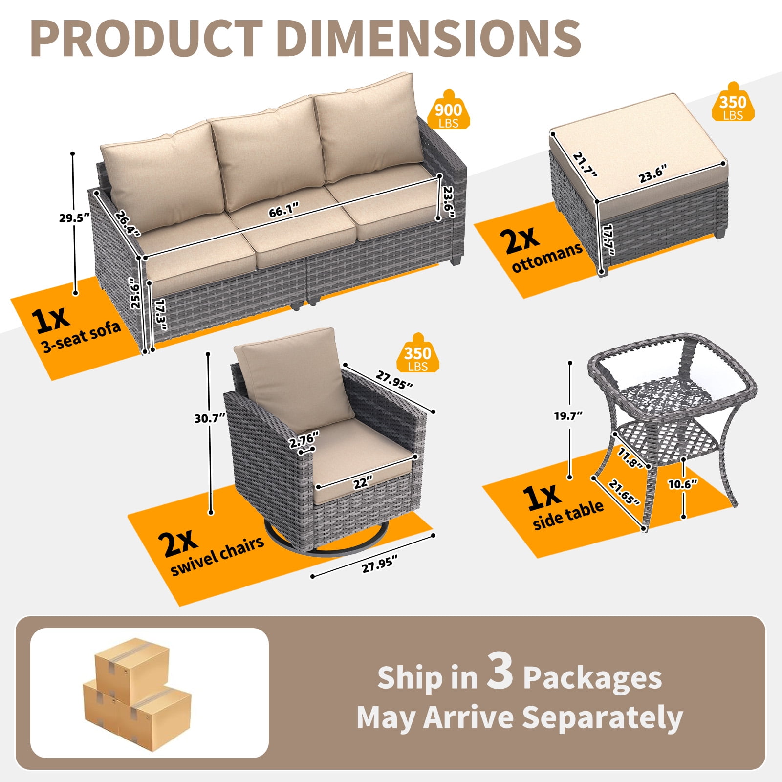 ELPOSUN Patio Furniture Set, 6 Pieces Outdoor Patio Set, All-Weather Wicker Rattan Outdoor Furniture Set with Swivel Chairs for Poolside, Backyard, Gray Wicker Khaki Cushions - Image 5