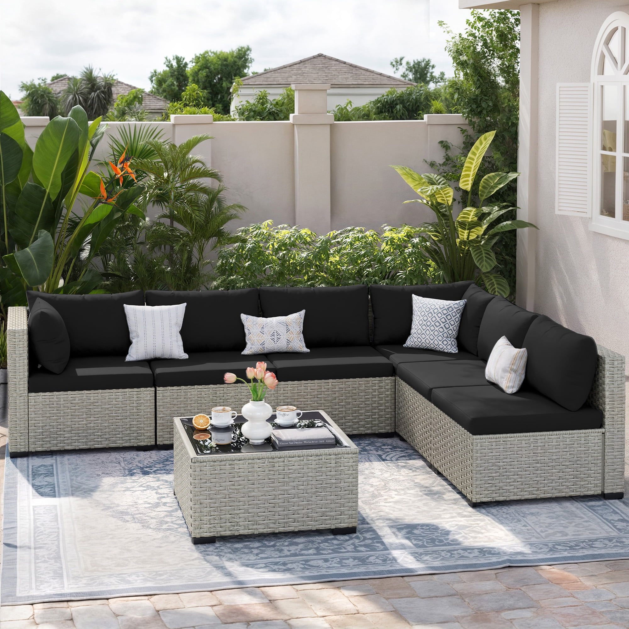 Amopatio 7 Pieces Patio Conversation Set, Outdoor Sectional PE Rattan Wicker Furniture Seat,BLACK - Image 8