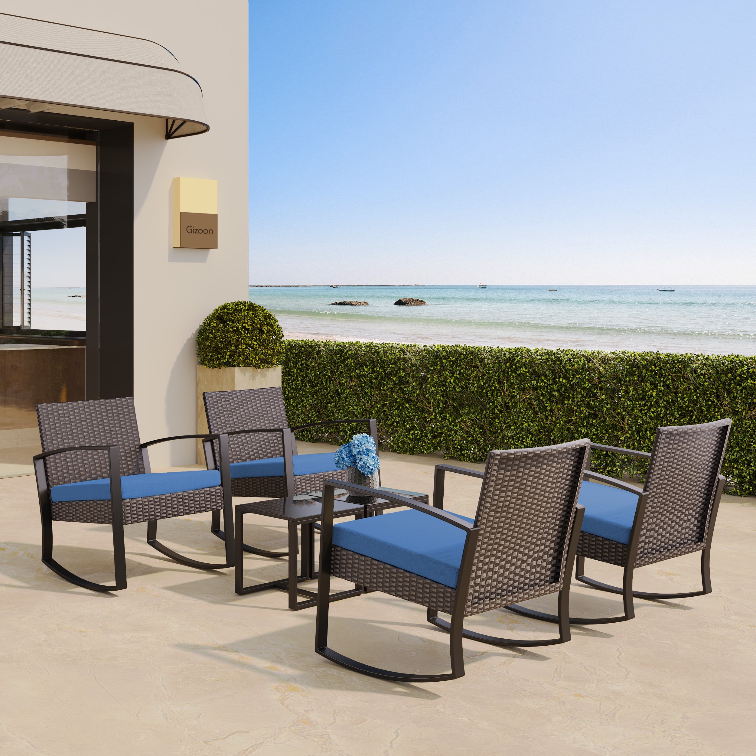 Lofka 3 Pieces Patio Bistro Chairs Set Outdoor Patio Furniture Sets with a Coffee Table, for Patio, Garden and Bistro, Blue Cushion - Image 7