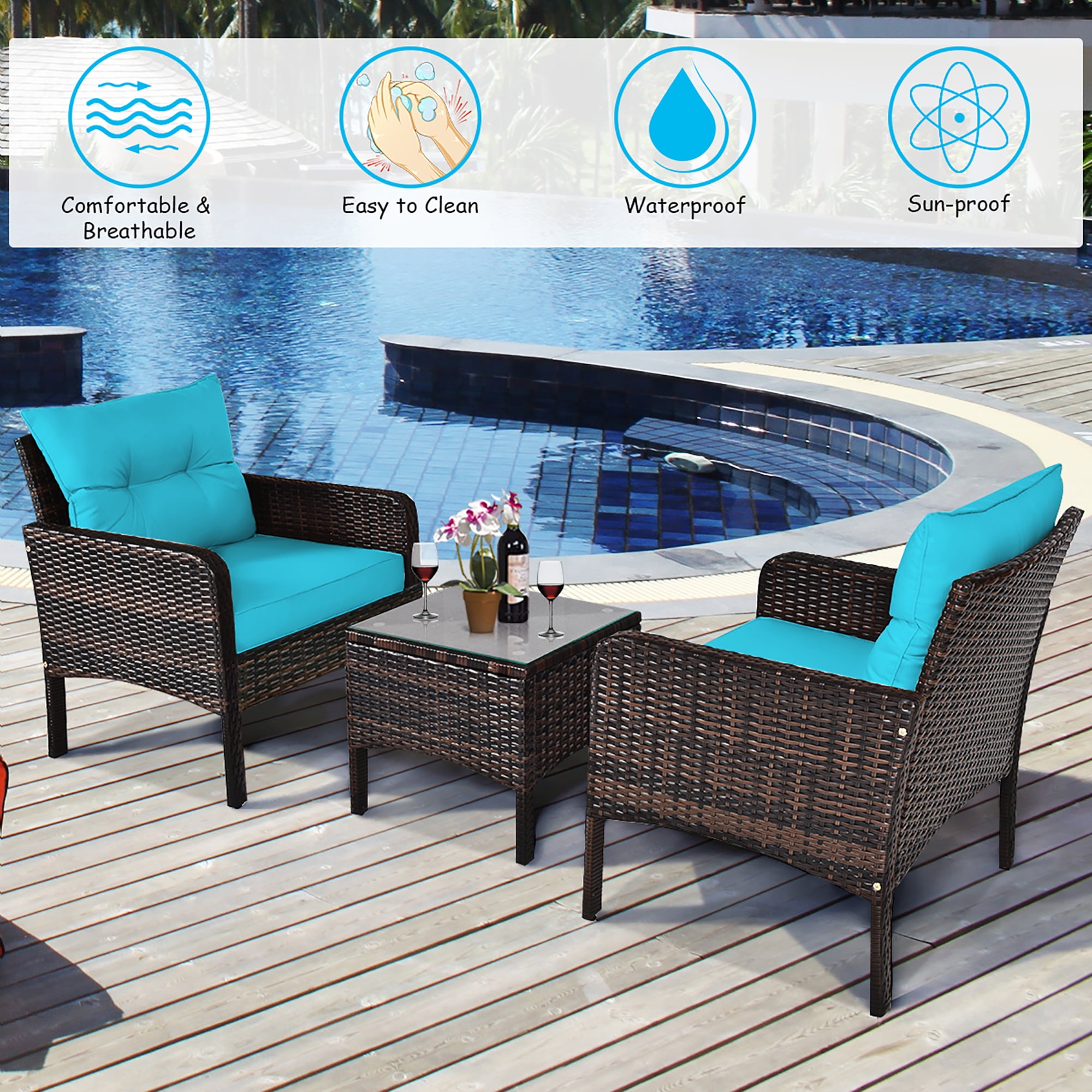 Costway 3PCS Outdoor Rattan Conversation Set Patio Garden Cushioned Sofa Chair Turquoise - Image 9