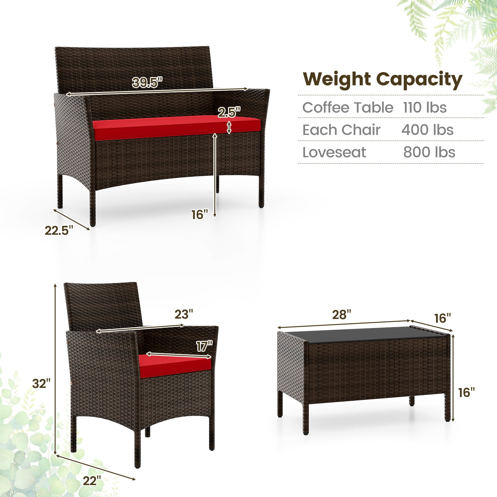 Costway 4PCS Rattan Patio Furniture Set Cushioned Sofa Chair Coffee Table Red - Image 2
