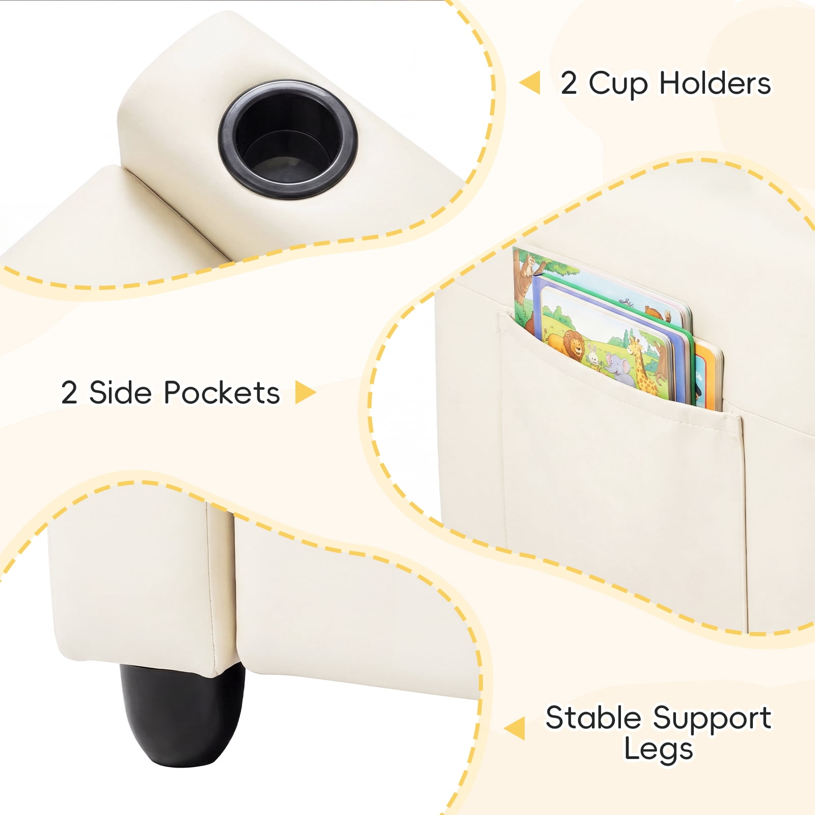 Costway 2-Seater Kids Recliner with Cup Holders Side Storage Pockets Adjustable Backrest Beige - Image 5