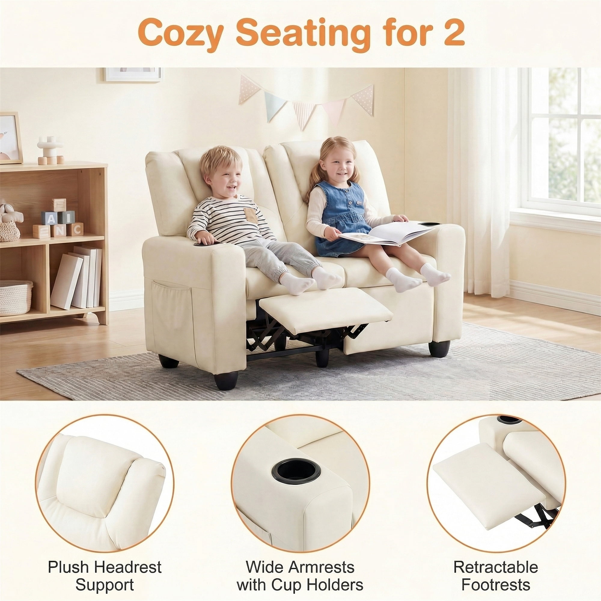 Costway 2-Seater Kids Recliner with Cup Holders Side Storage Pockets Adjustable Backrest Beige - Image 7